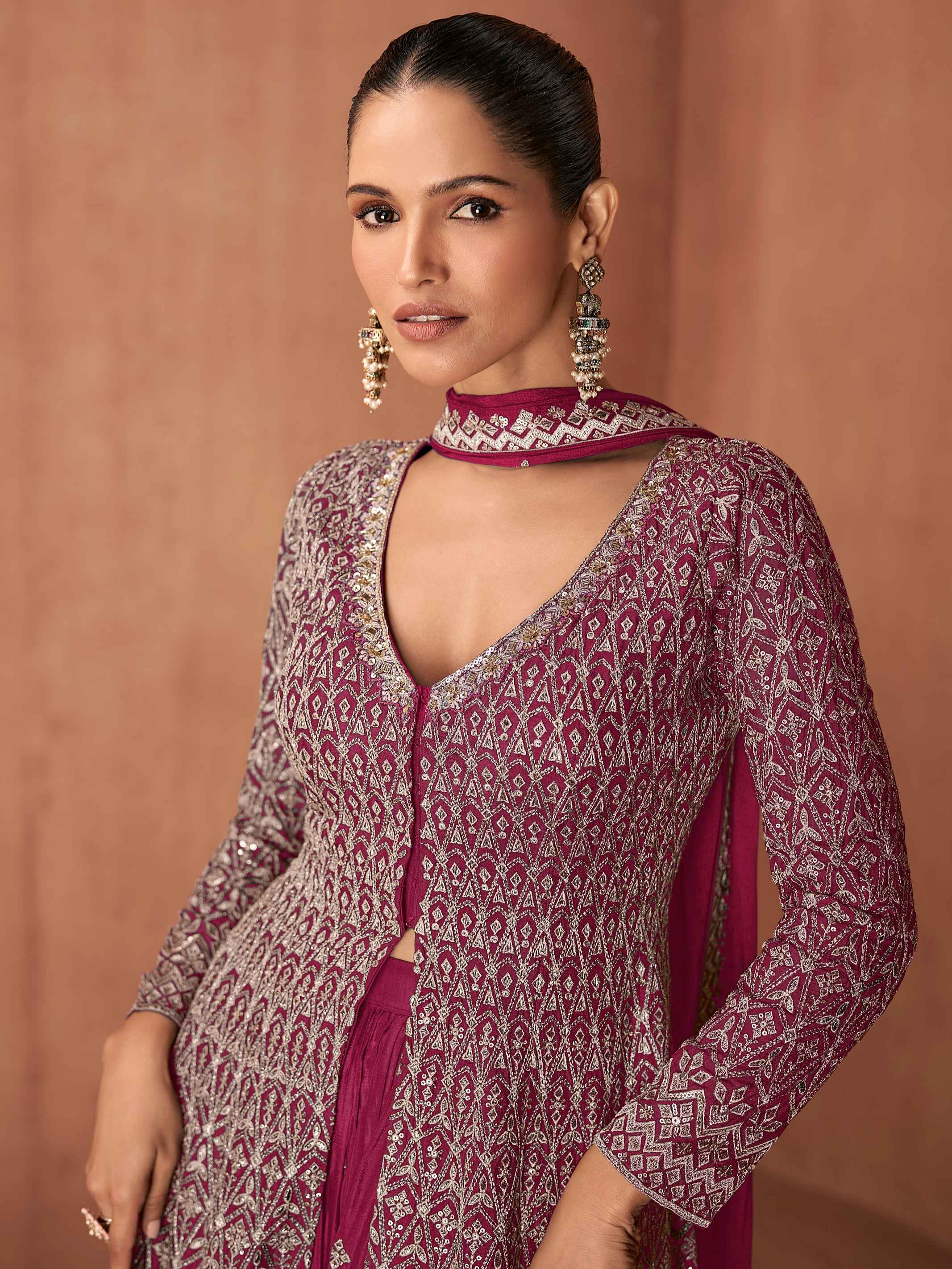 Rani Pink Real Chinon Festive Embroidered Palazzo Suit Palazzo Suit Anant Tex Exports Pvt.Ltd..