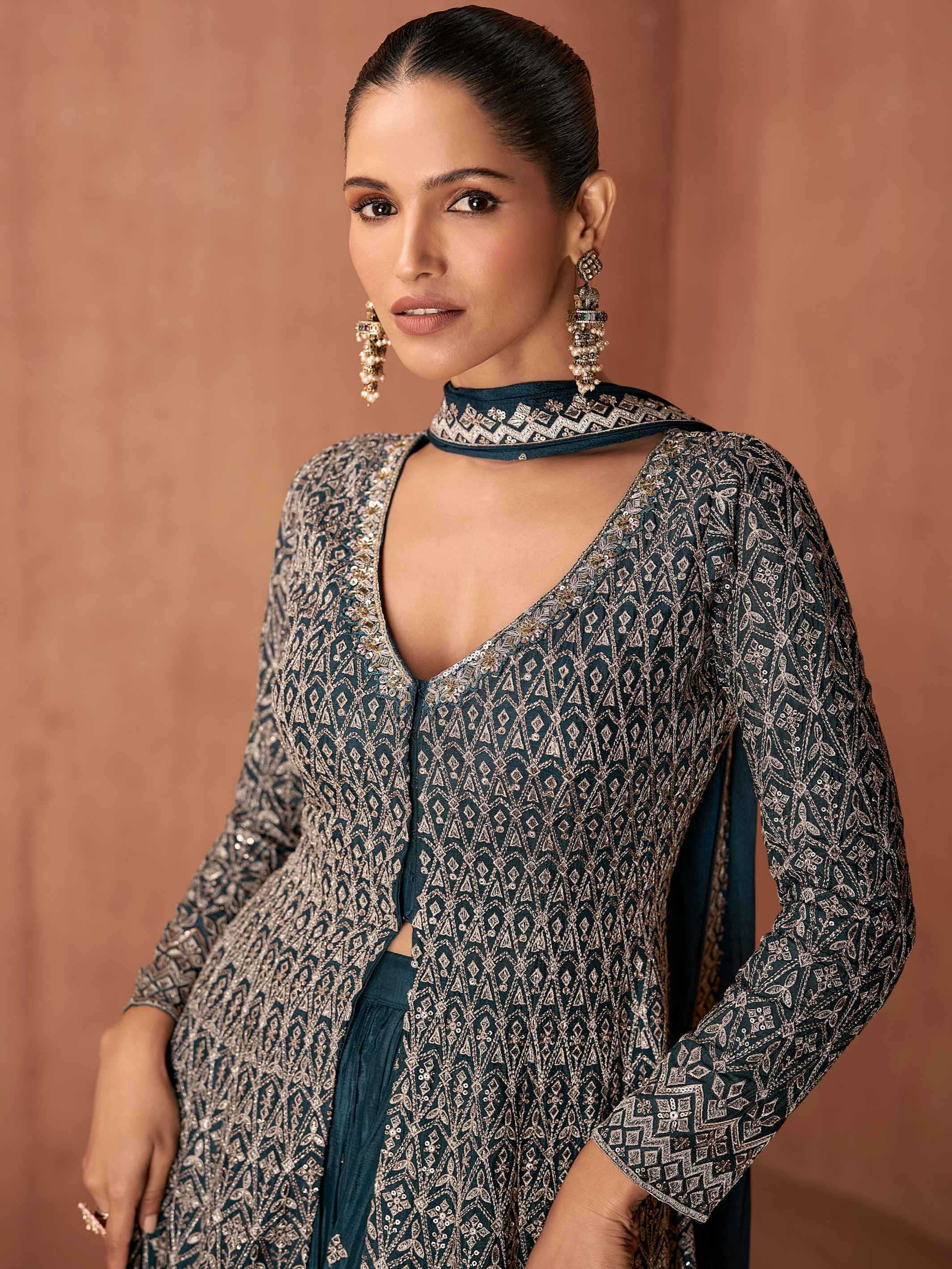 Green Real Chinon Embroidered Palazzo Suit with Dupatta Palazzo Suit Anant Tex Exports Pvt.Ltd..