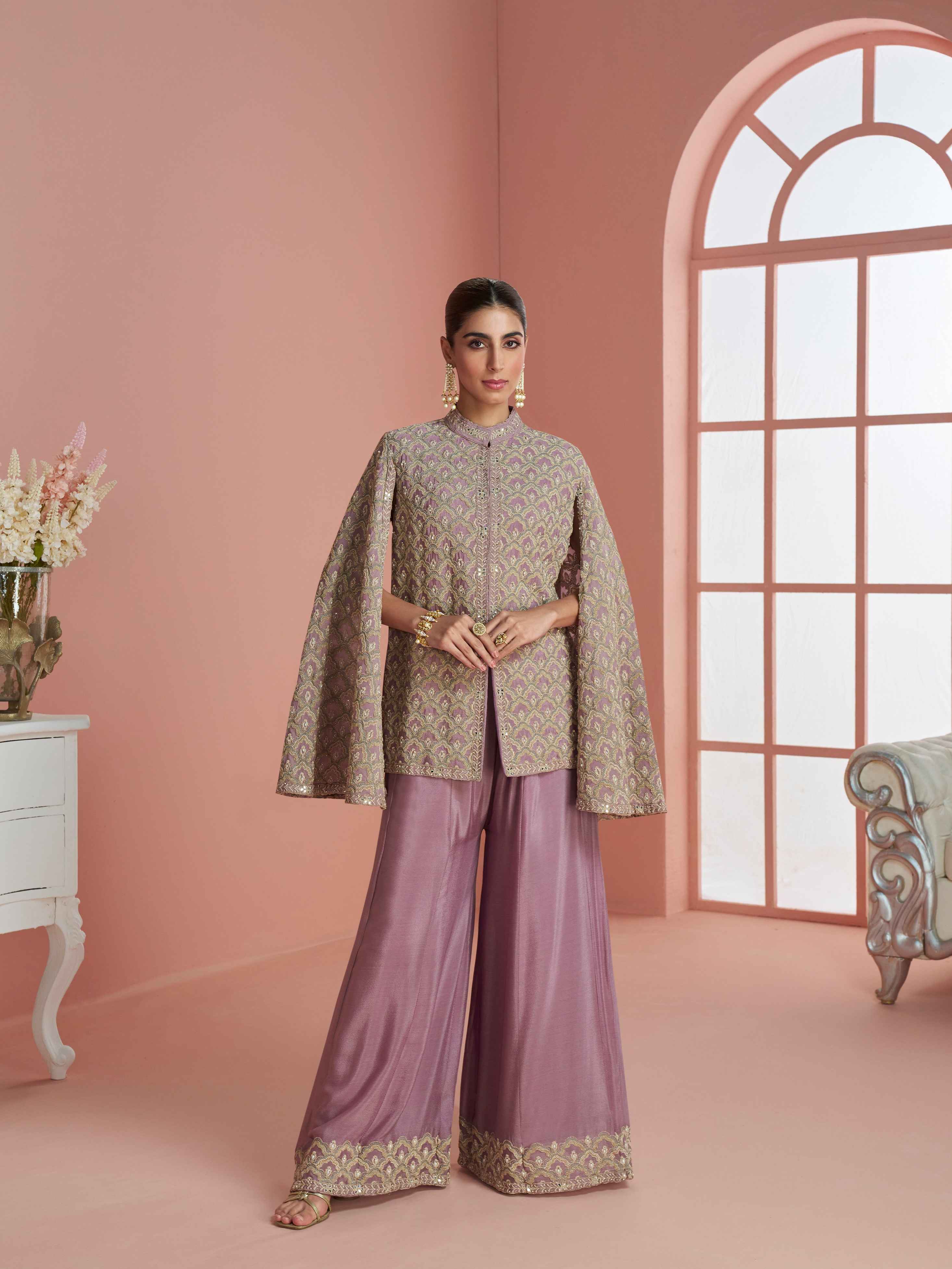 Lavender Silk Cape Style Embroidered Peplum Top with Palazzo Set Palazzo Set Anant Tex Exports Pvt.Ltd..