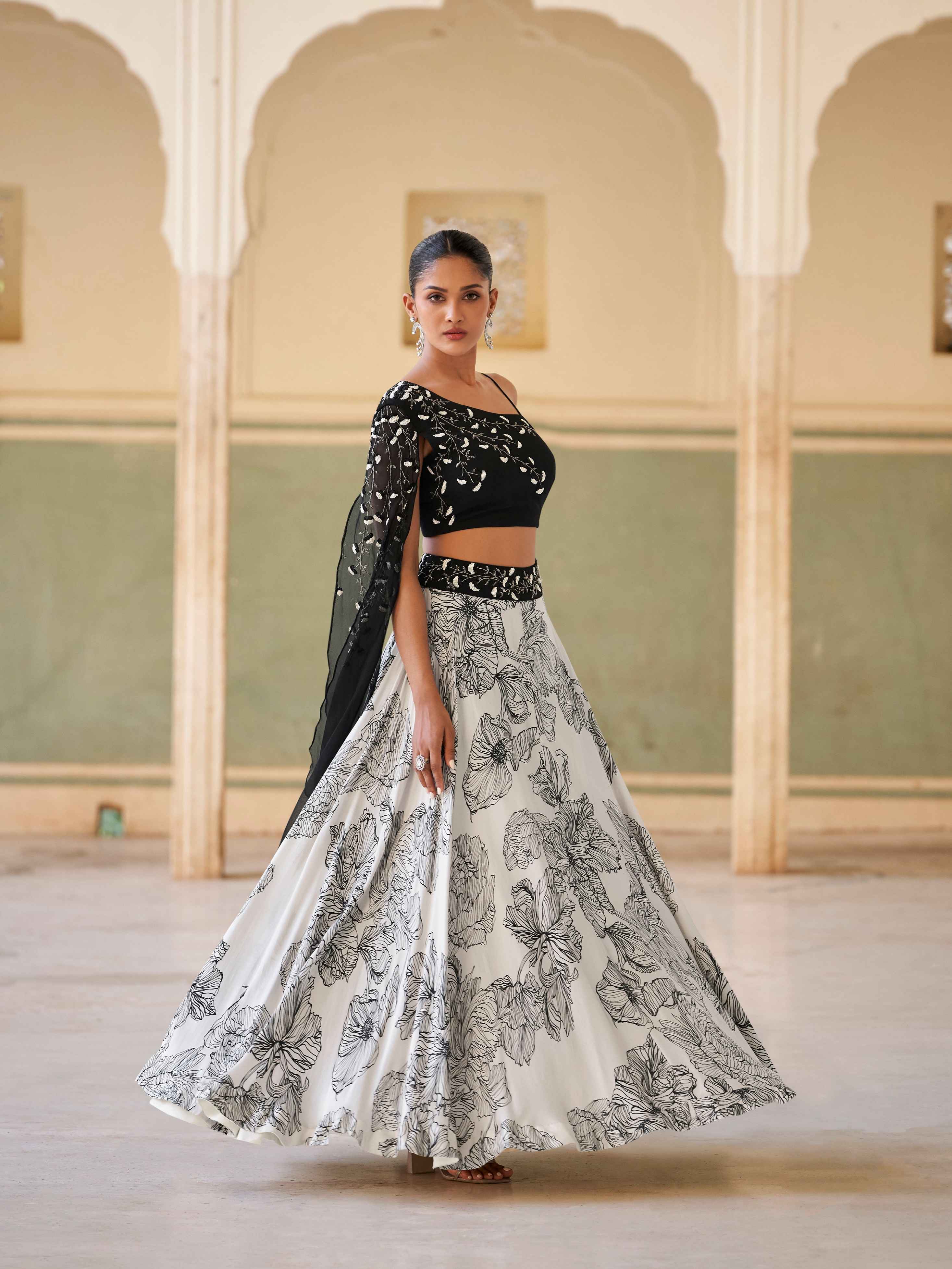 Black & White Embroidered Crop Top Lehenga in Premium Chinon Silk Crop Top Lehenga Anant Tex Exports Pvt.Ltd..