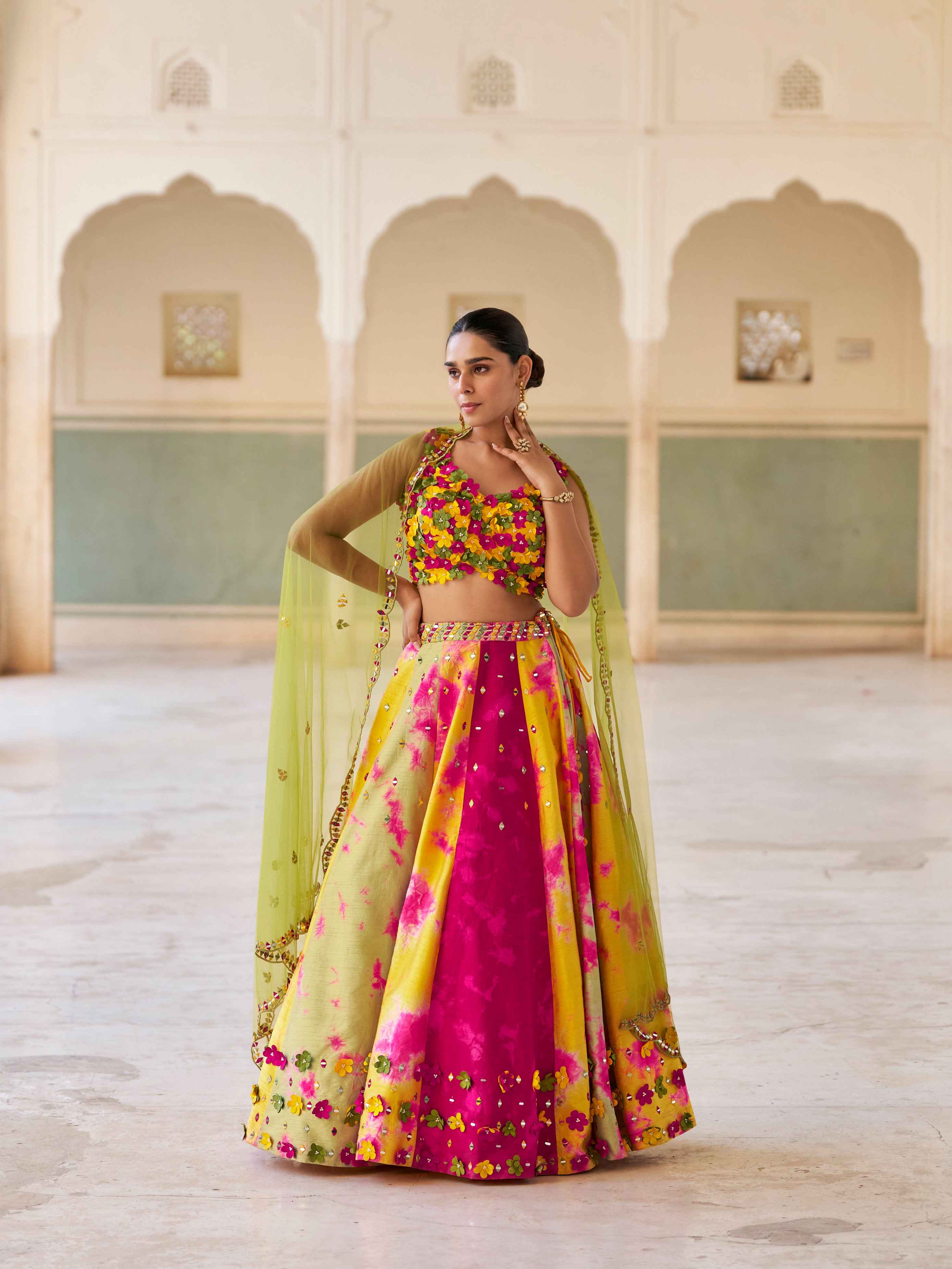 Yellow & Pink Hand Embroidered Floral Lehenga with Green Dupatta Crop Top Lehenga Anant Tex Exports Pvt.Ltd..