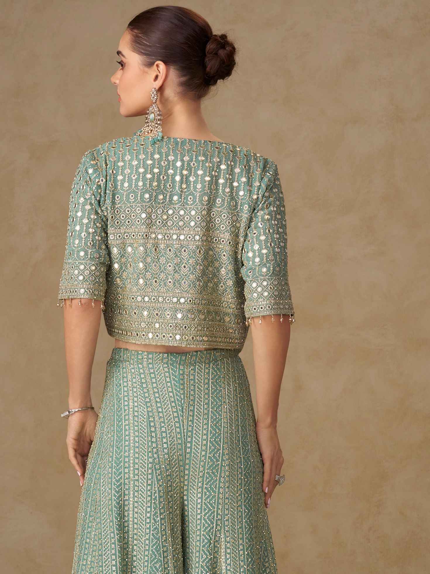 Mint Green Georgette Embroidered Palazzo Set Palazzo Jacket Set Anant Tex Exports Pvt.Ltd..