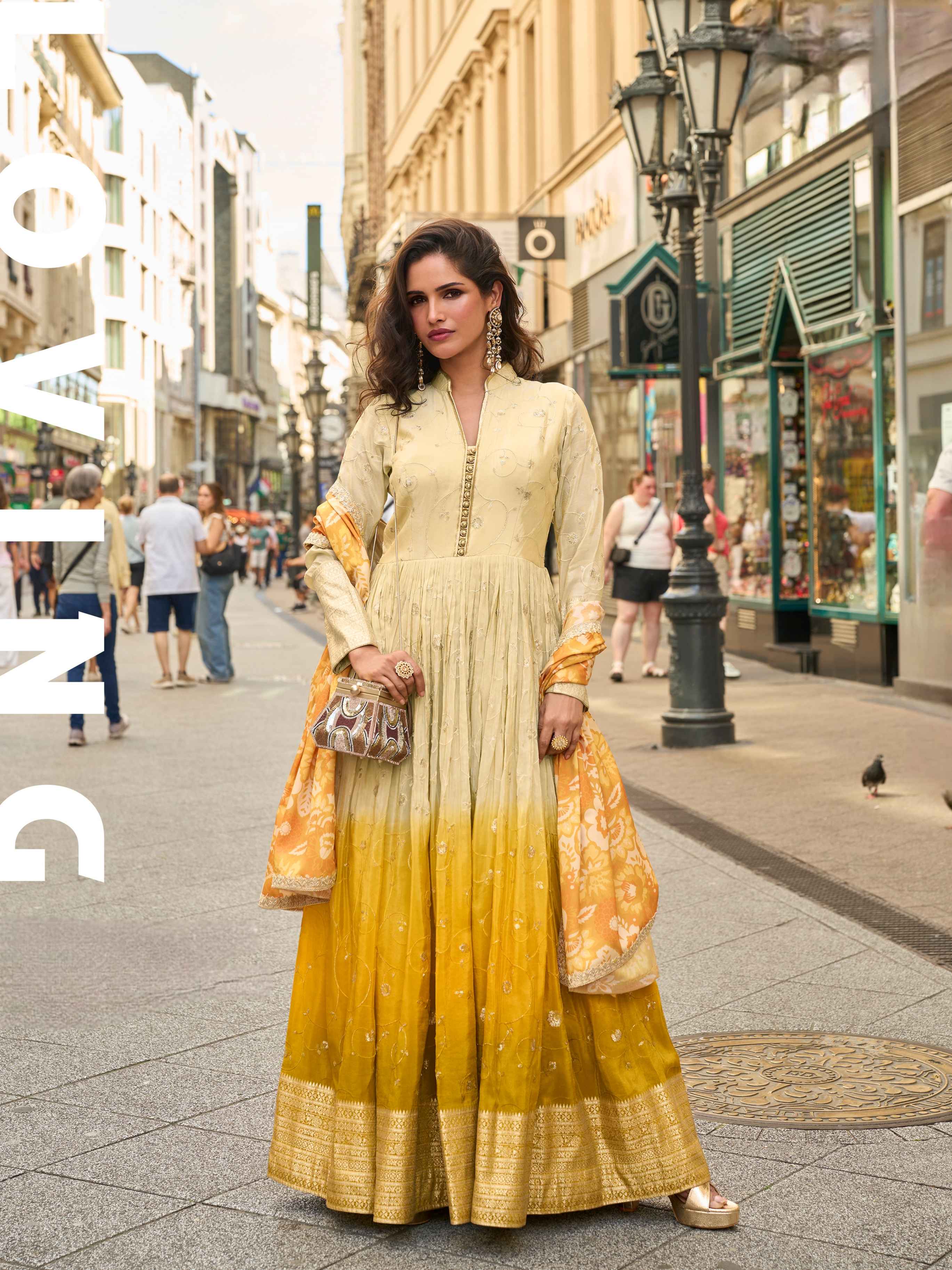 Yellow Ombre Real Simar Silk Embroidered Gown with Digital Dupatta Gown Anant Tex Exports Pvt.Ltd..