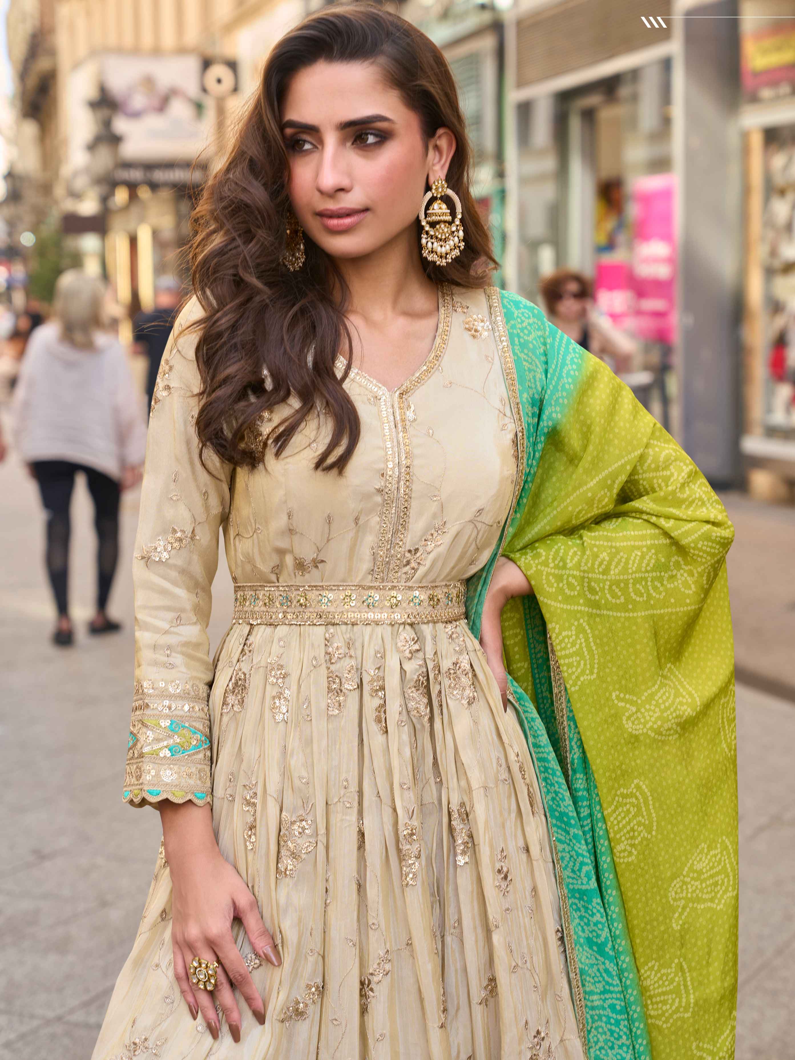 Gold Cream Real Simar Silk Heavy Embroidered Gown Gown Anant Tex Exports Pvt.Ltd..