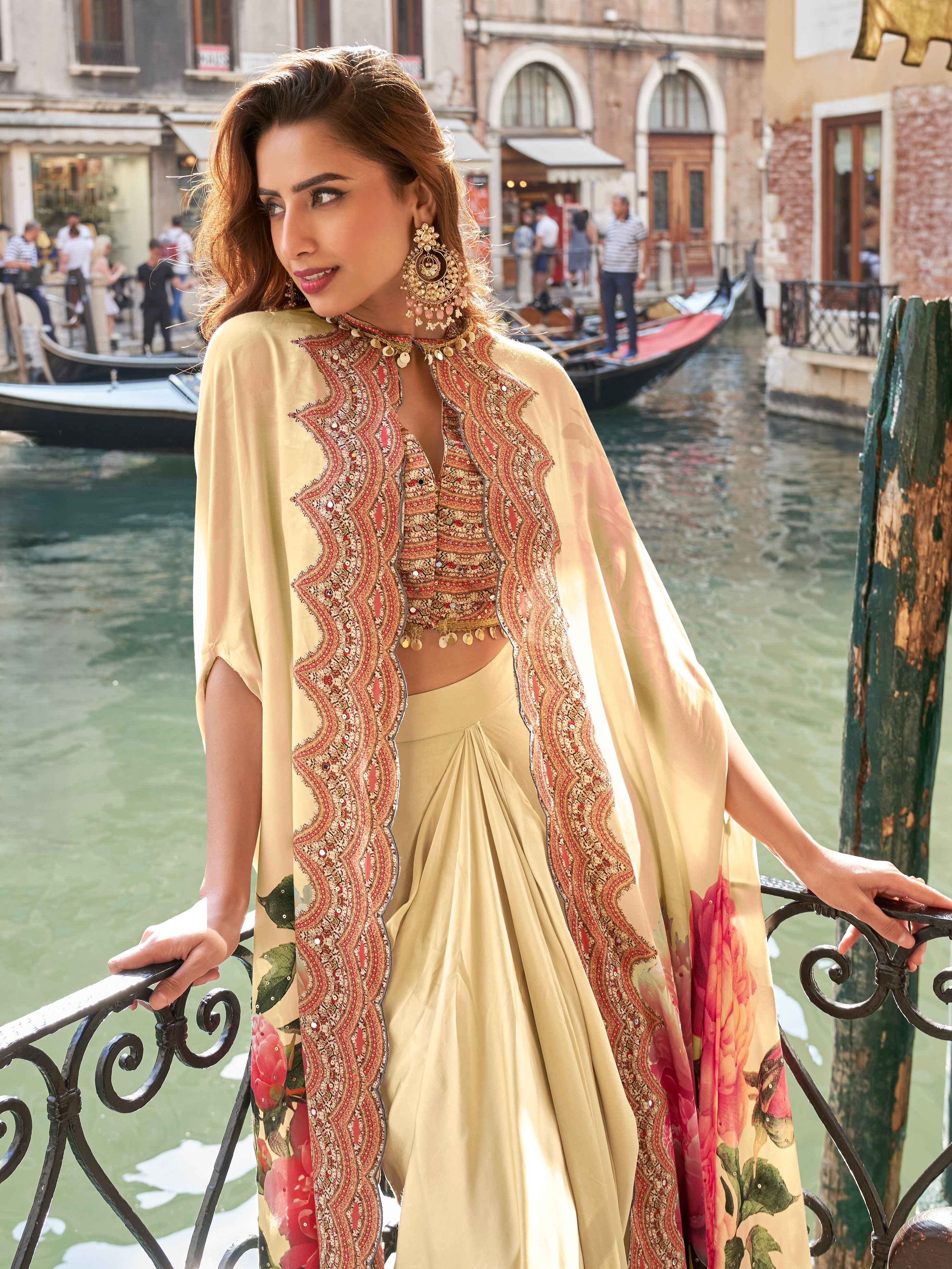 Cream French Crepe Silk Dhoti Set with Heavy Handwork Blouse Dhoti Set Anant Tex Exports Pvt.Ltd..