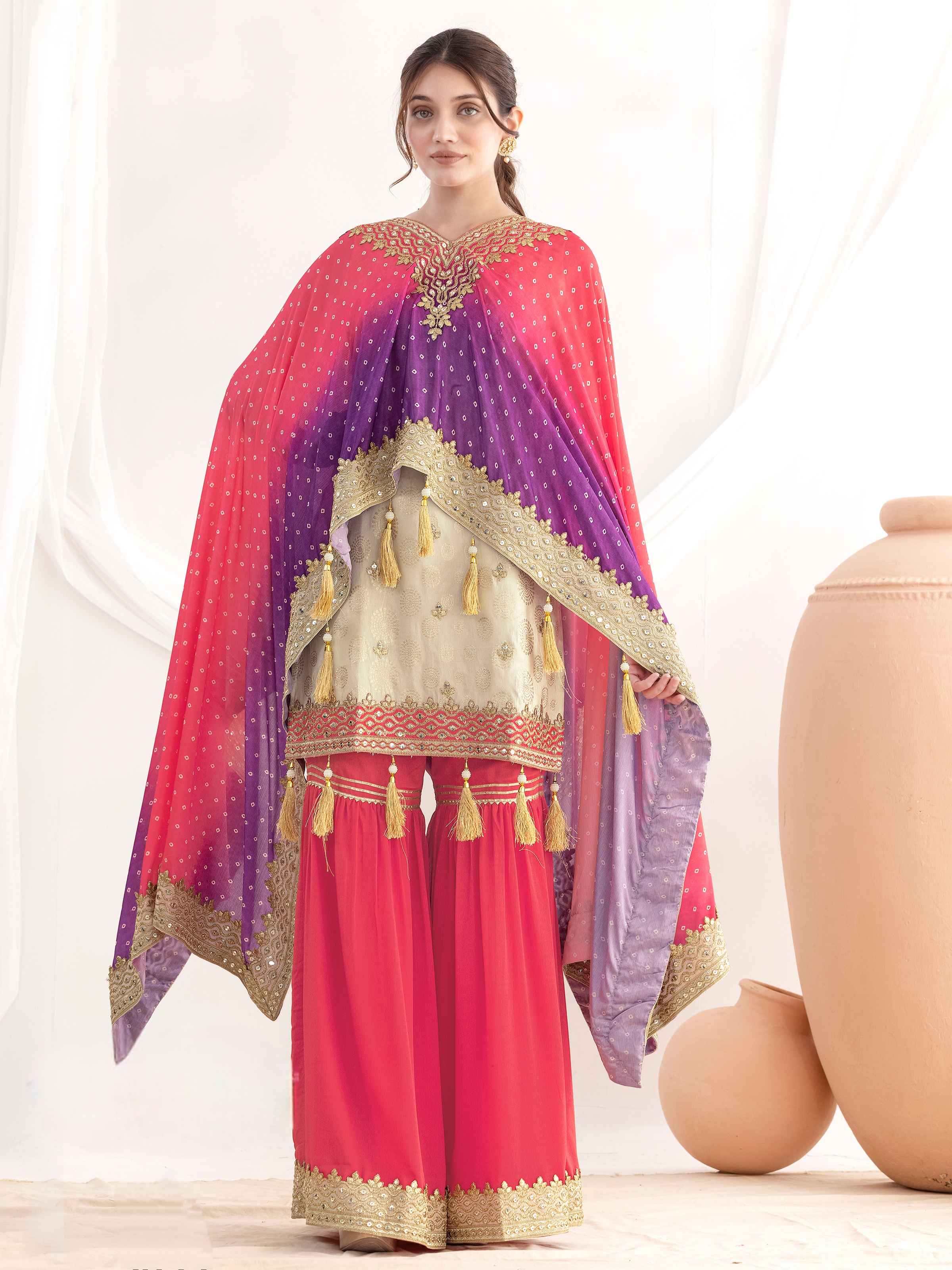 Pink Ombre Chinnon Sharara Set with Embroidery & Viscose Jacquard Top Sharara Suit Anant Tex Exports Pvt.Ltd..