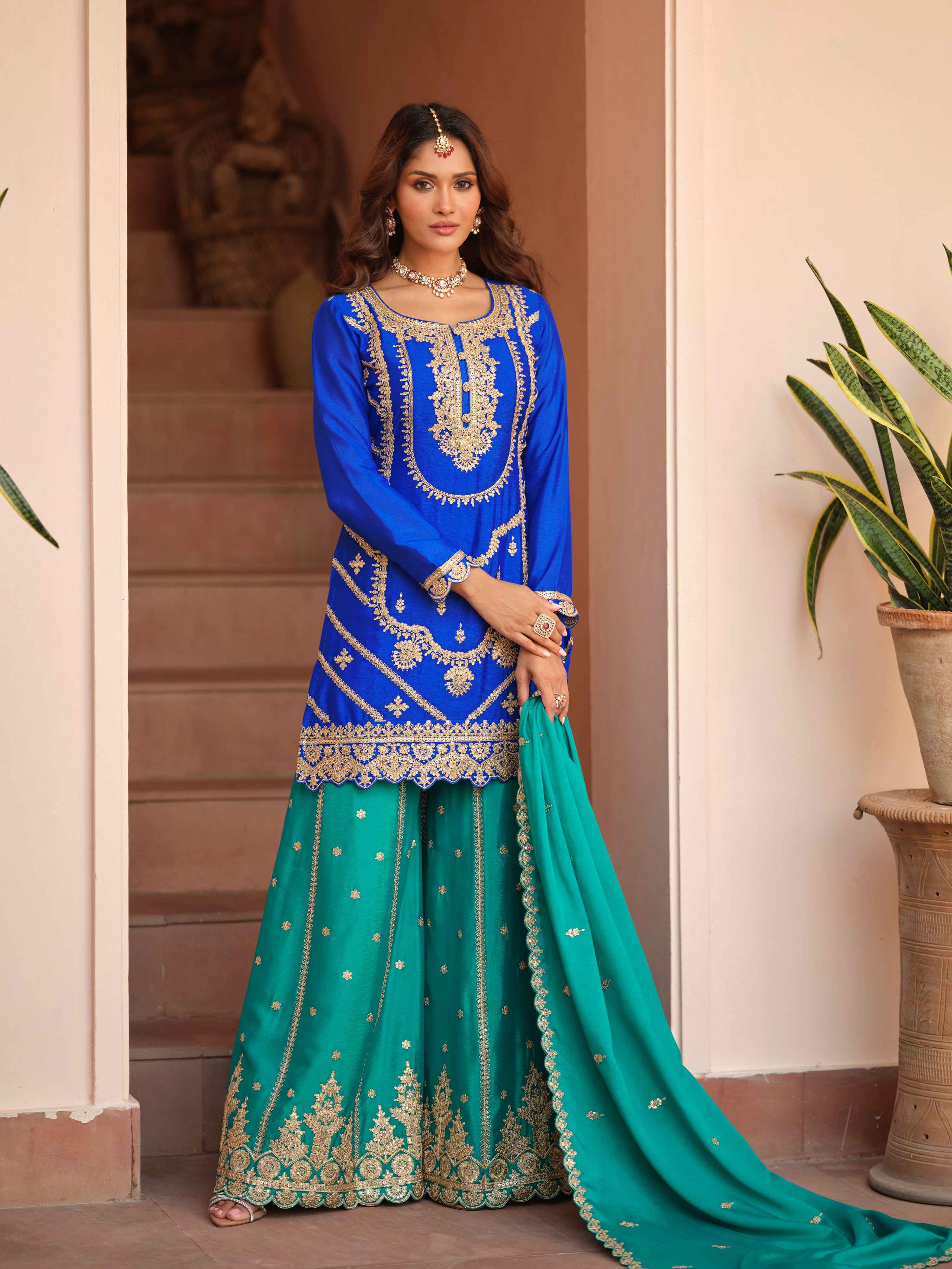 Royal Blue Chinon Silk Embroidered Kurti Palazzo Set with Dupatta Palazzo Suit Anant Tex Exports Pvt.Ltd..