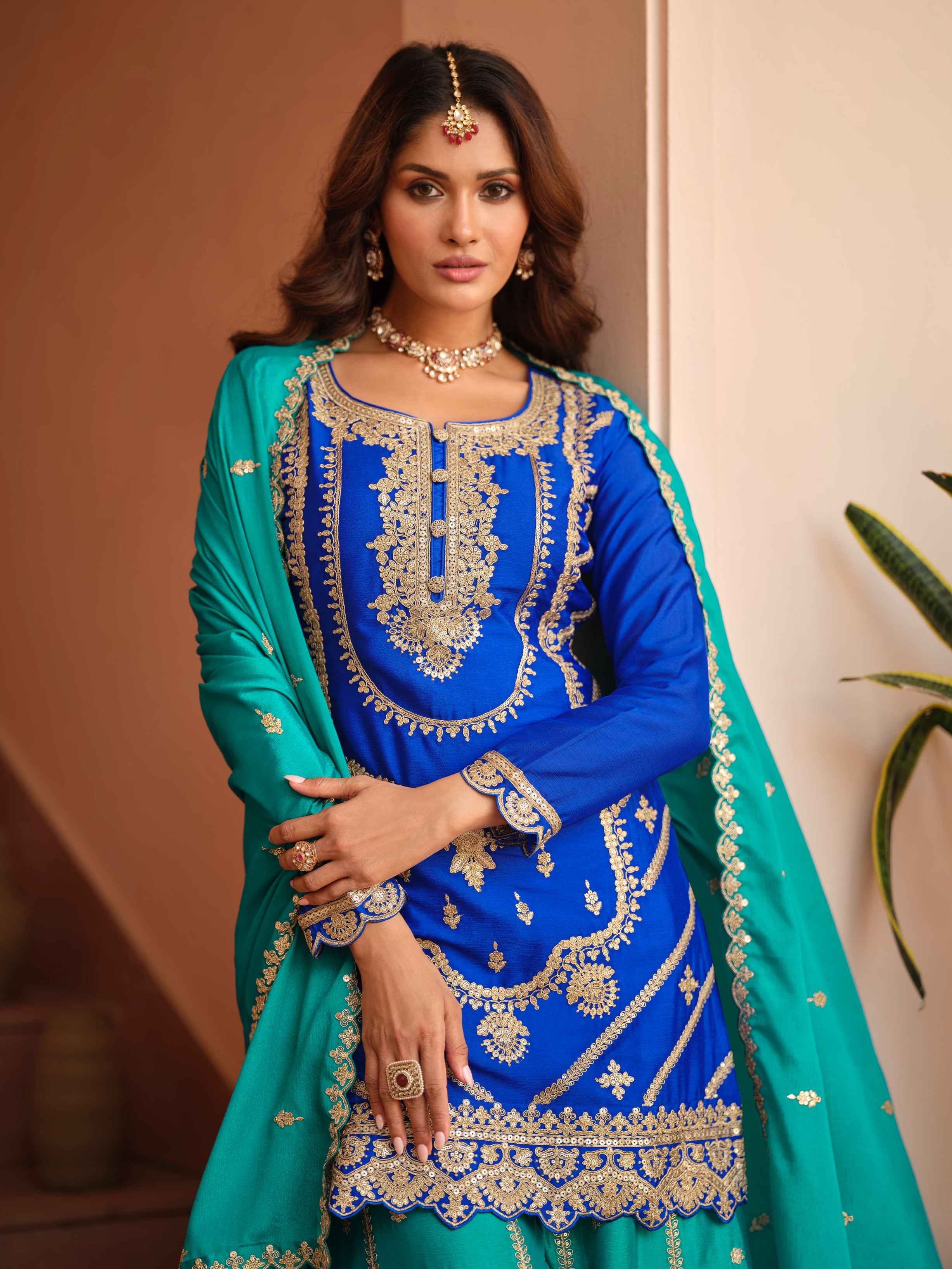 Royal Blue Chinon Silk Embroidered Kurti Palazzo Set with Dupatta Palazzo Suit Anant Tex Exports Pvt.Ltd..