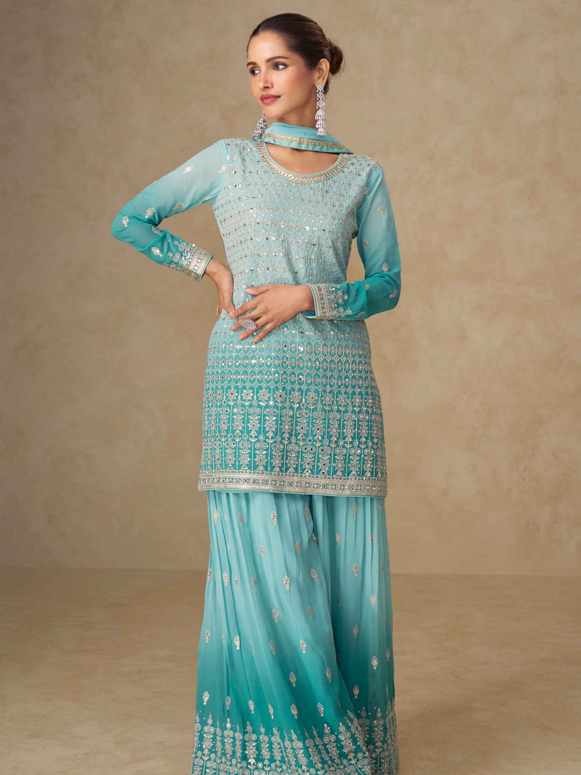 Aqua Blue Embroidered Georgette Palazzo Suit Palazzo Suit Anant Tex Exports Pvt.Ltd..