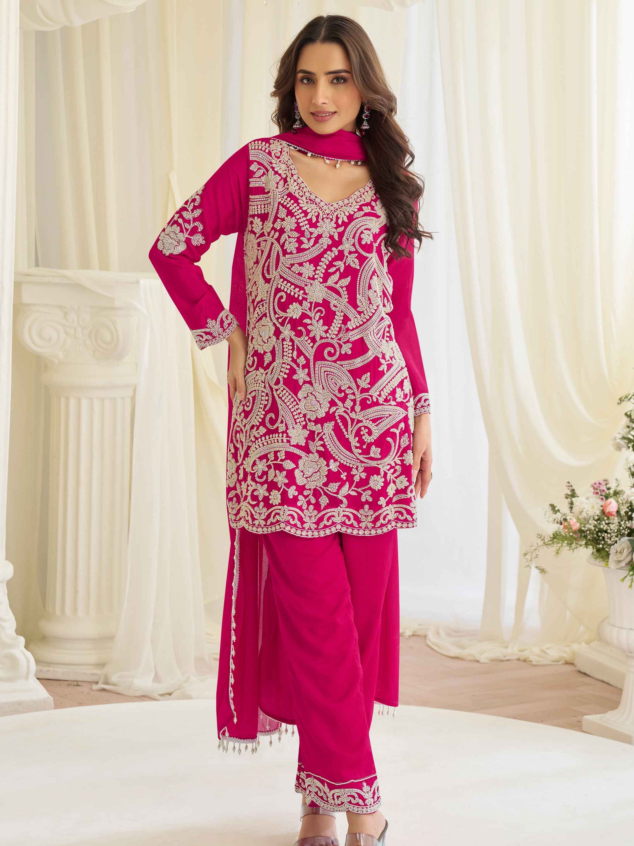 Fuchsia Pink Heavy Embroidered Georgette Chinon Palazzo Suit Palazzo Suit Anant Tex Exports Pvt.Ltd..
