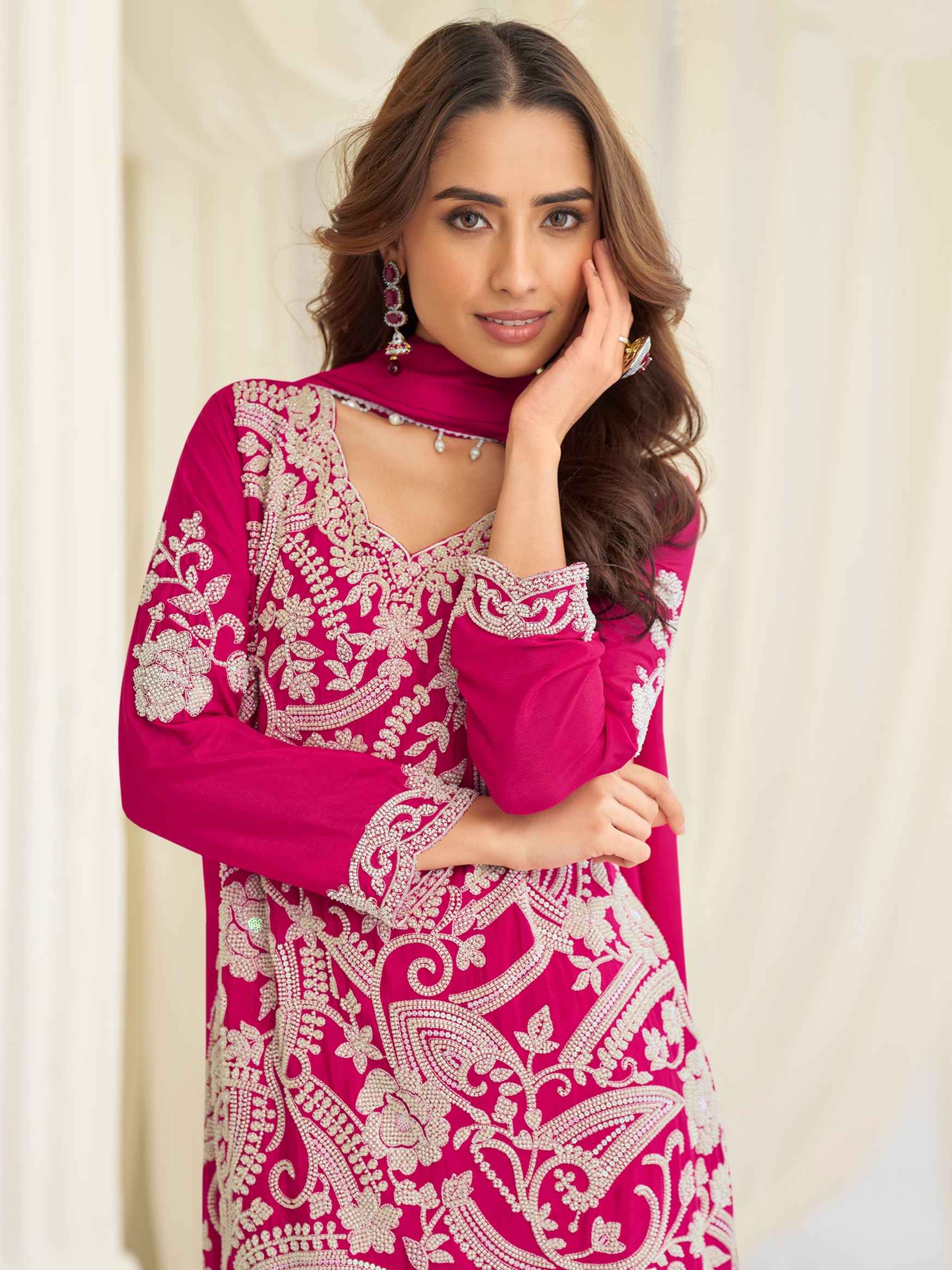 Fuchsia Pink Heavy Embroidered Georgette Chinon Palazzo Suit Palazzo Suit Anant Tex Exports Pvt.Ltd..