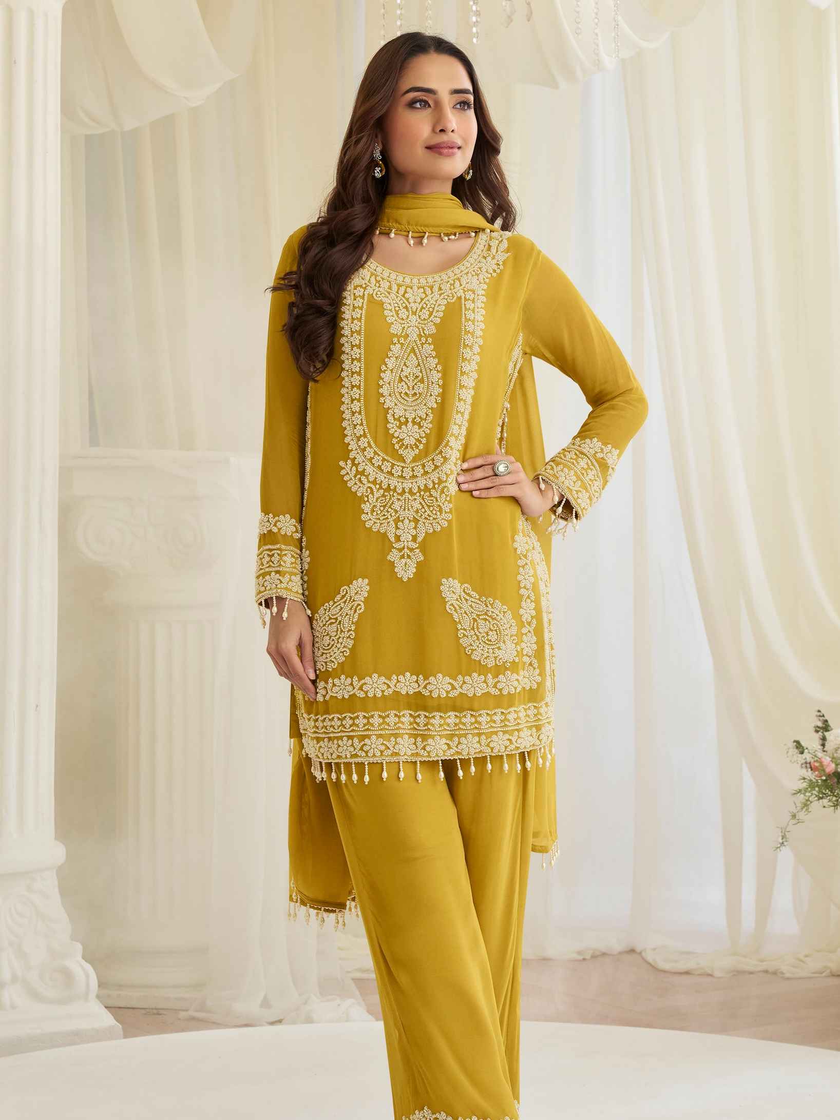 Mustard Yellow Beads Embroidered Chinon Silk Palazzo Suit Palazzo Suit Anant Tex Exports Pvt.Ltd..