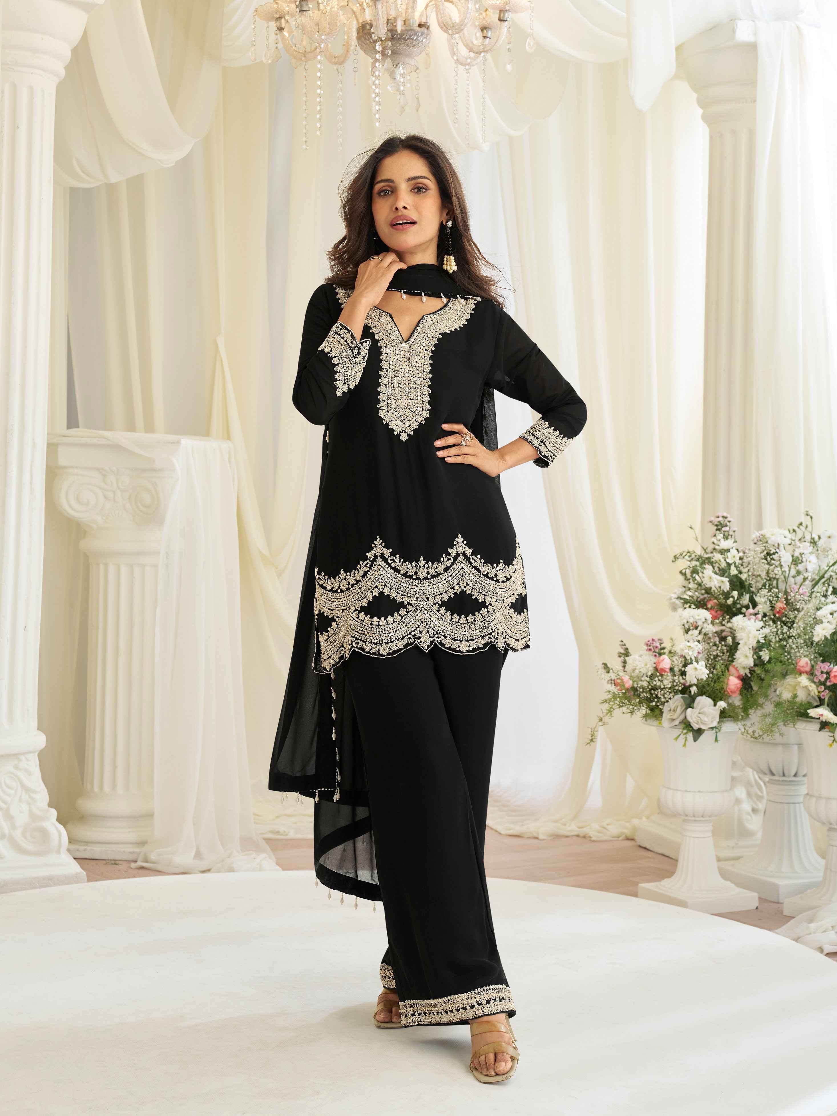 Classic Black Heavy Embroidered Chinon Silk Palazzo Suit with Dupatta Palazzo Suit Anant Tex Exports Pvt.Ltd..