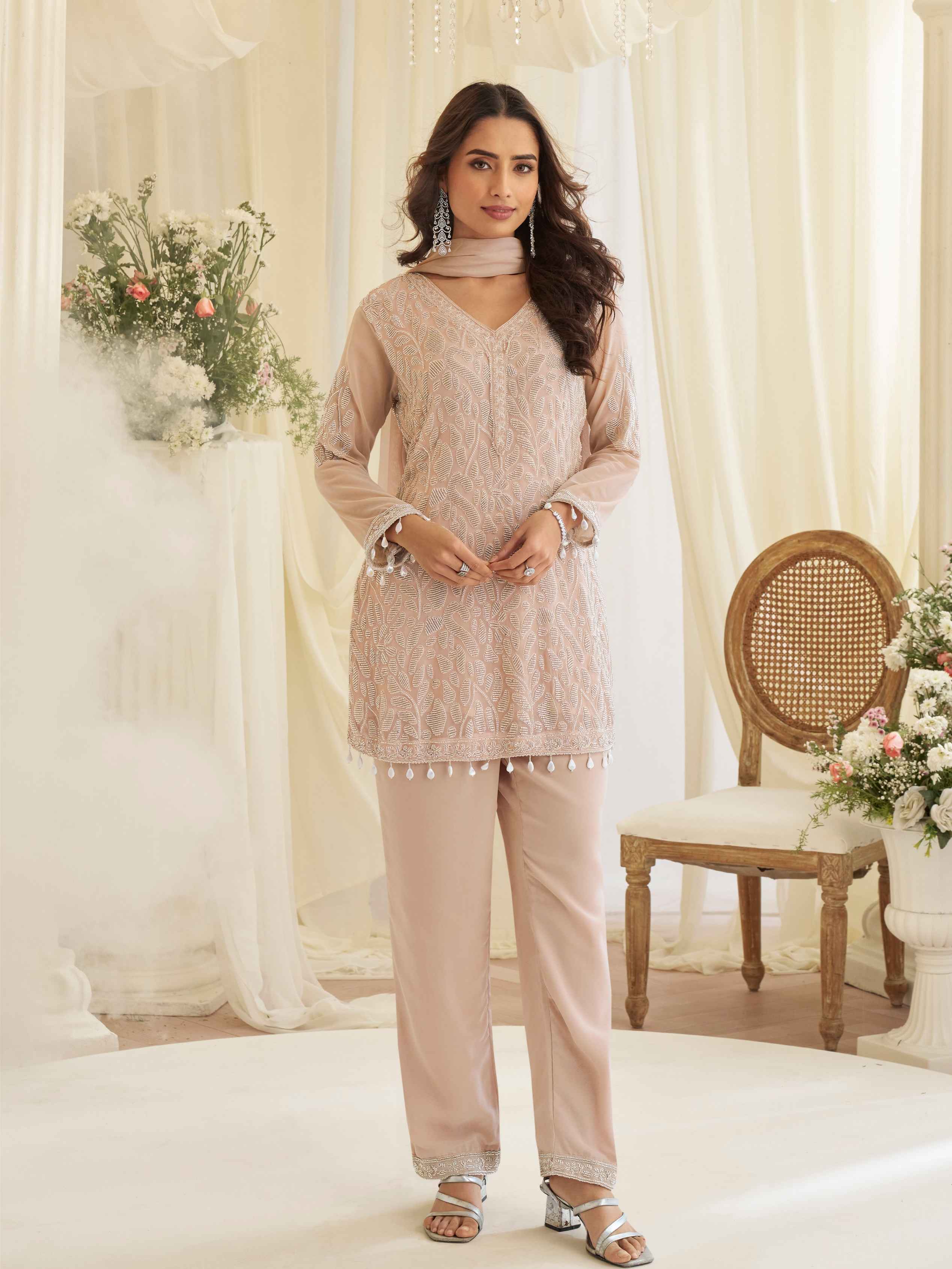 Beige Nude Embroidered Georgette Palazzo Suit with Beads Moti Dupatta Palazzo Suit Anant Tex Exports Pvt.Ltd..