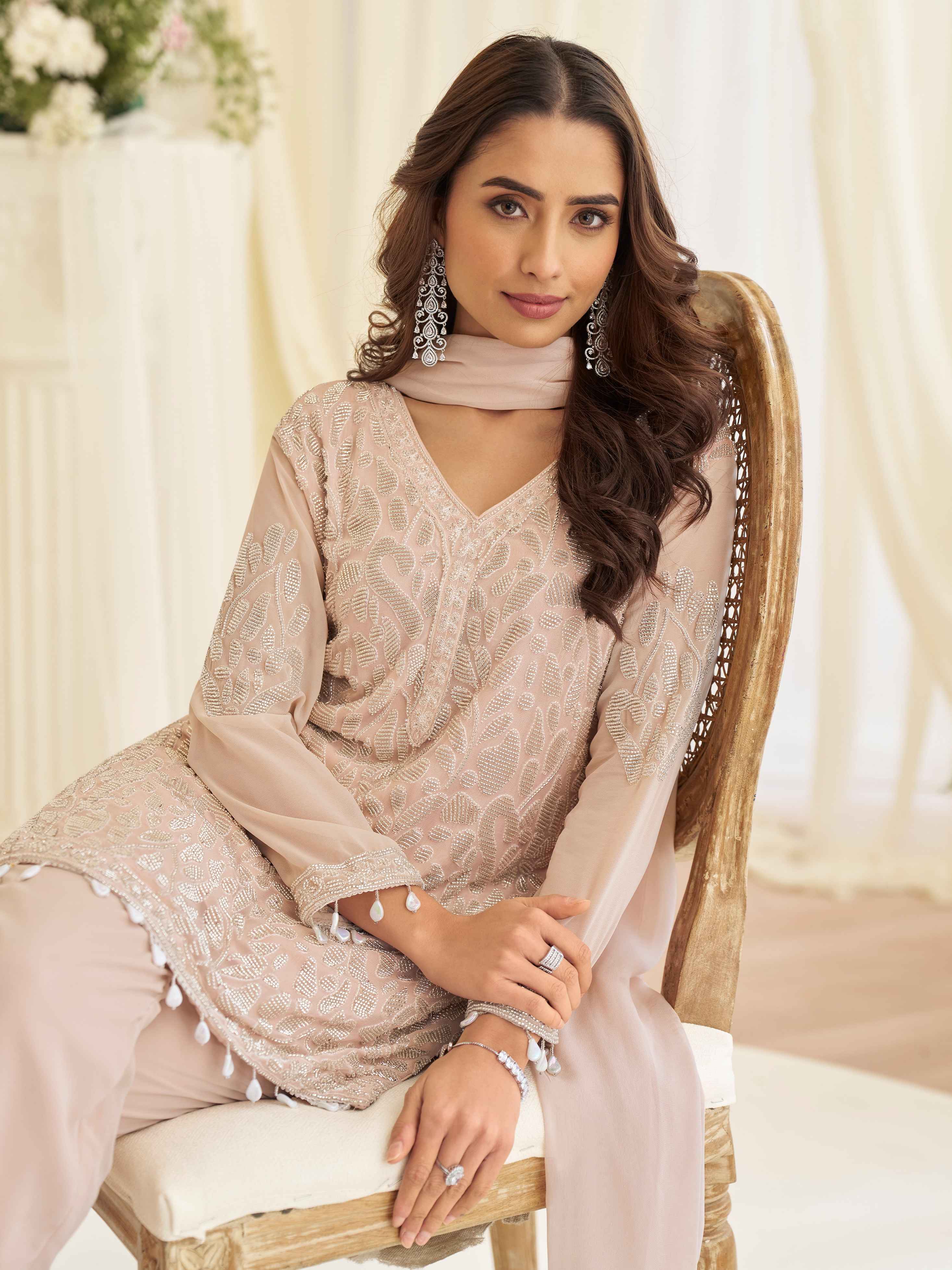 Beige Nude Embroidered Georgette Palazzo Suit with Beads Moti Dupatta Palazzo Suit Anant Tex Exports Pvt.Ltd..