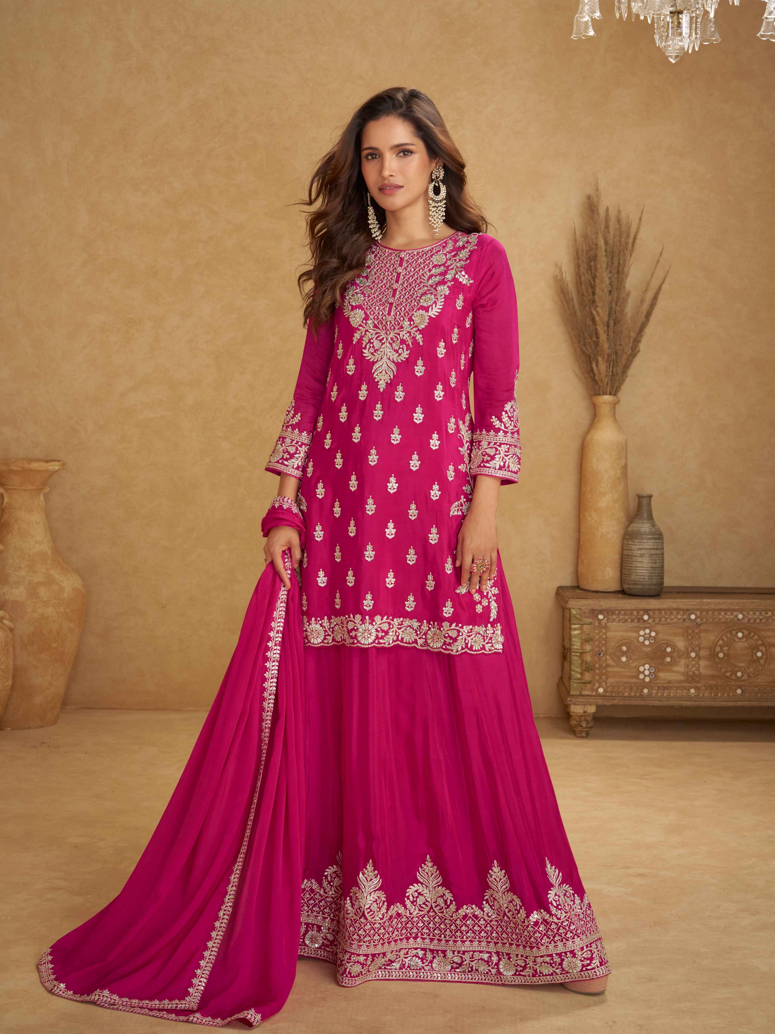 Magenta Wine Real Chinon Heavy Embroidered Palazzo Suit Palazzo Suit Anant Tex Exports Pvt.Ltd..