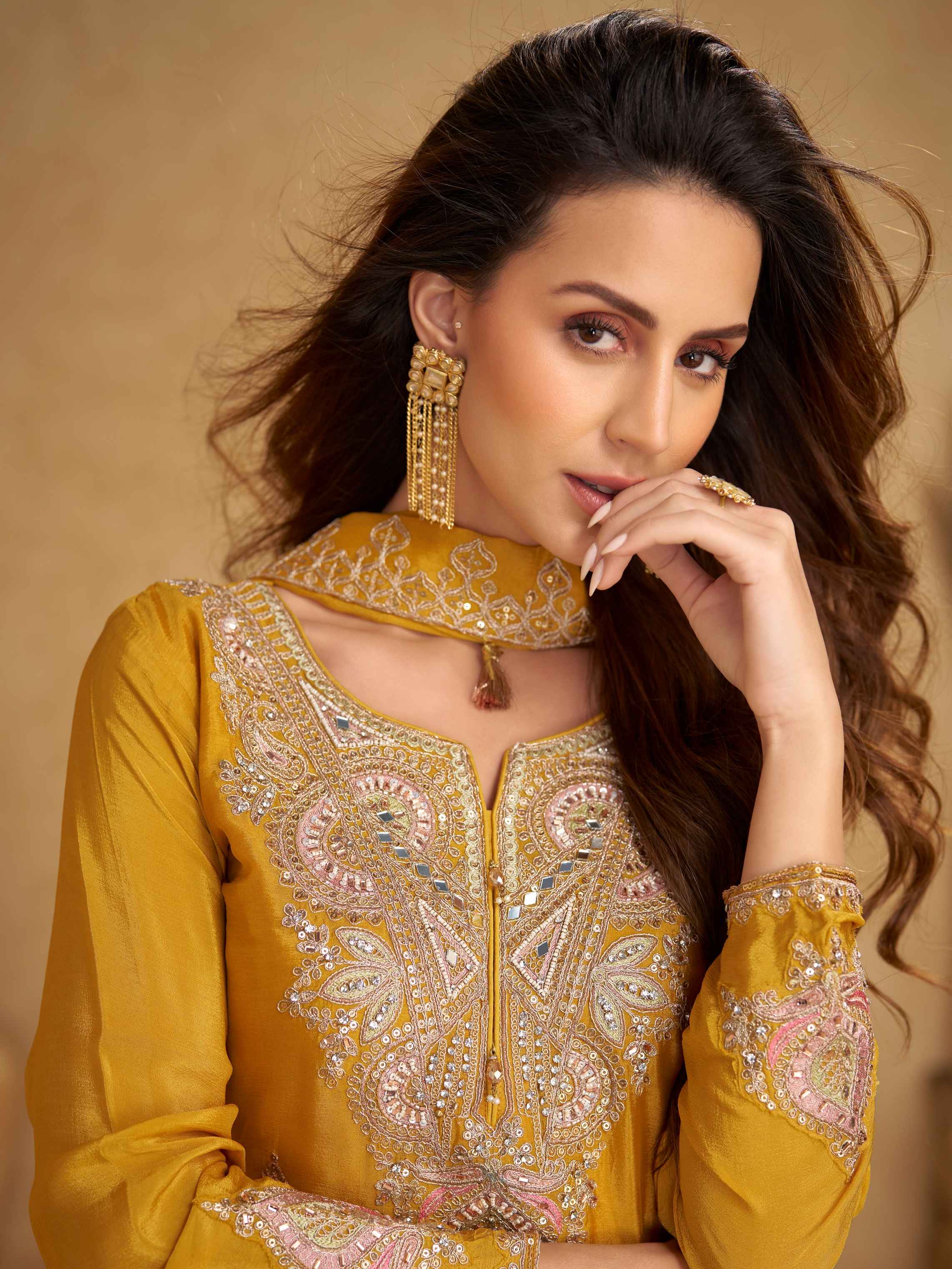 Mustard Yellow Real Chinon Palazzo Suit with Rich Embroidery Palazzo Suit Anant Tex Exports Pvt.Ltd..