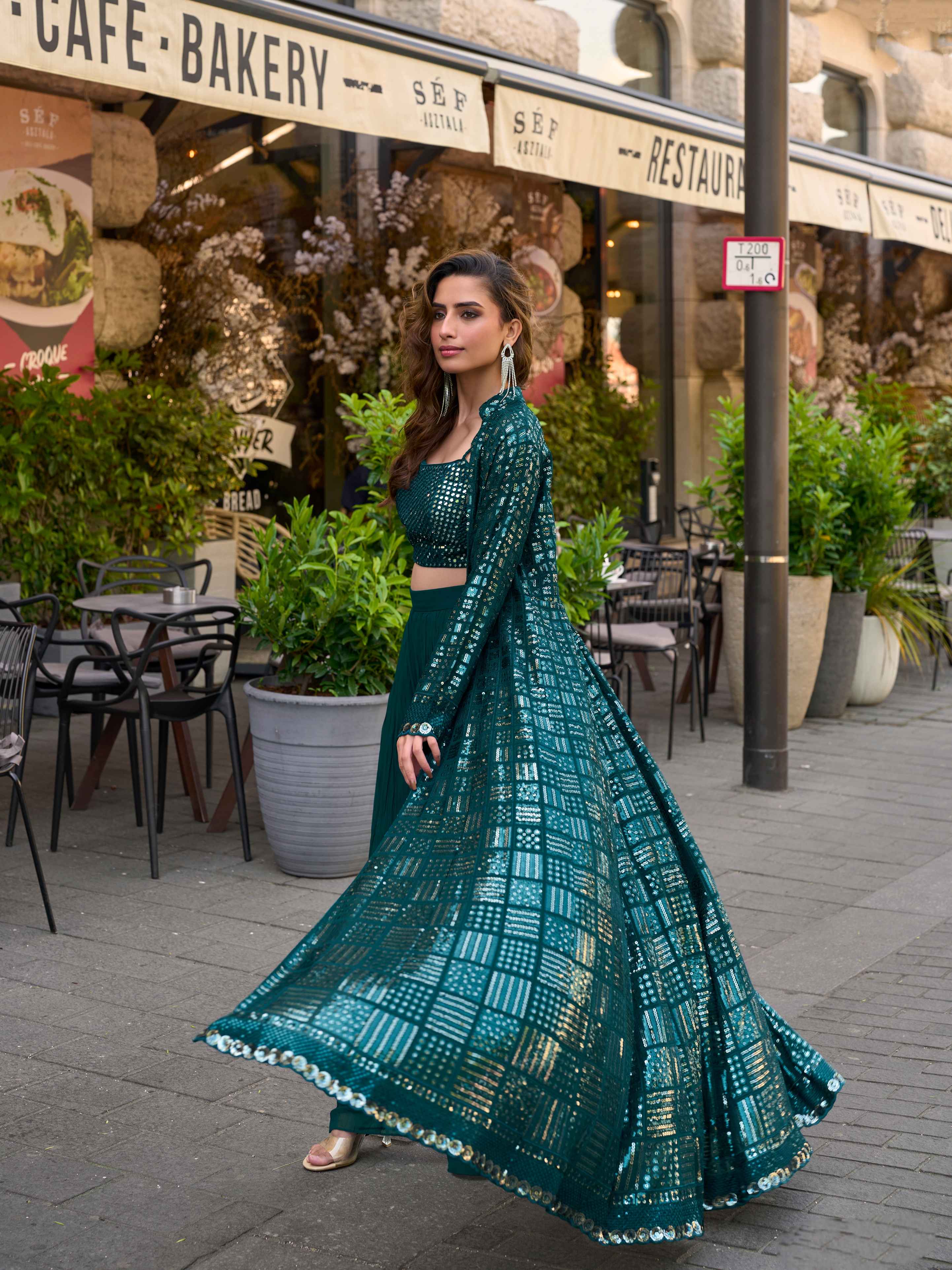 Teal Green Real Georgette Designer Jacket Palazzo Set Palazzo Jacket Set Anant Tex Exports Pvt.Ltd..