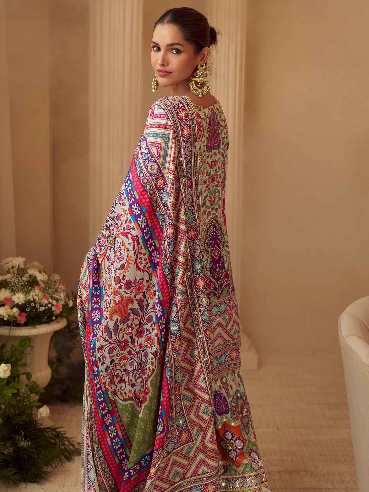 Multicolor Natural Crepe Silk Printed Plazzo Suit with Aari Gota Work