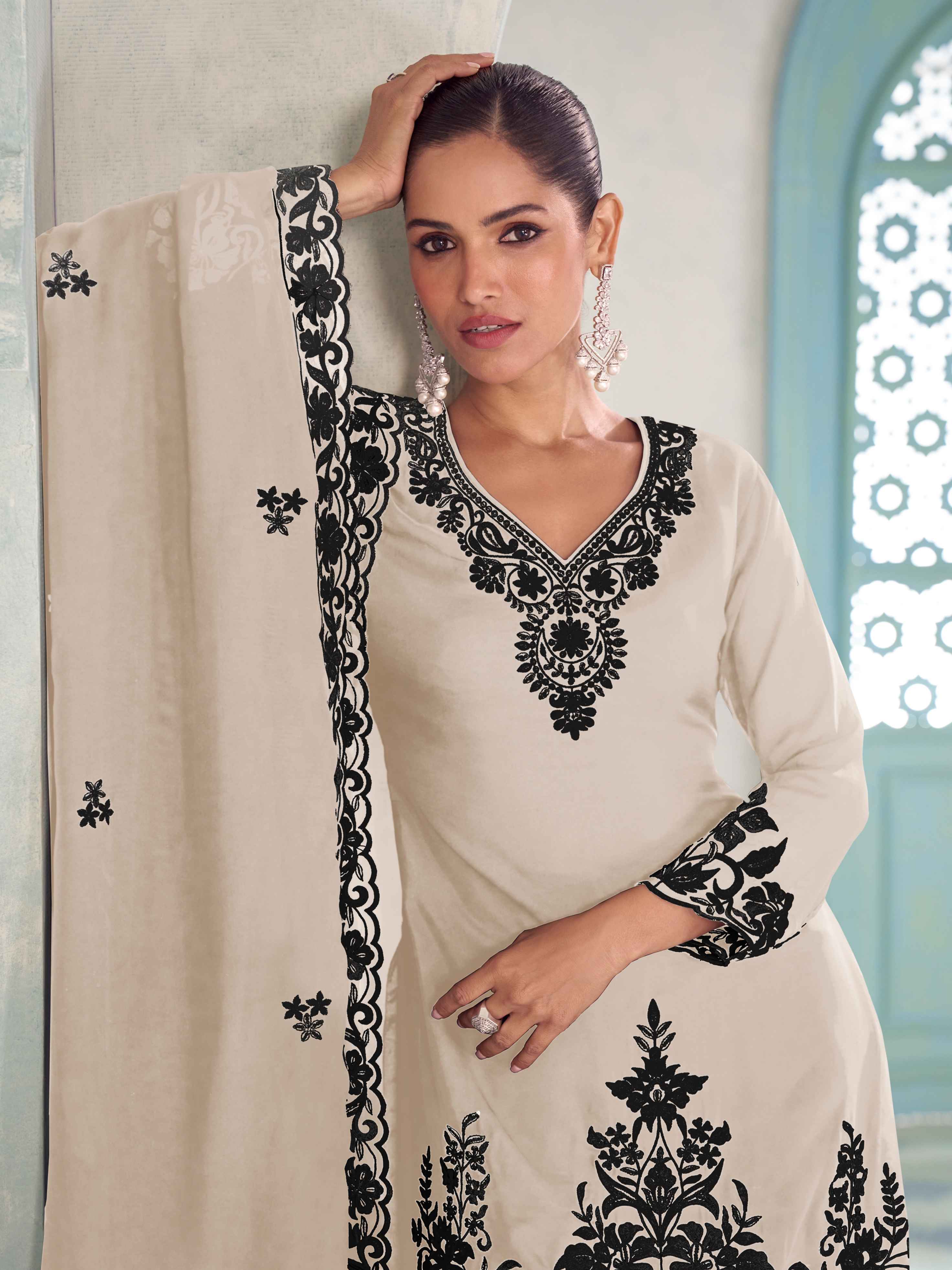 Designer Chinon Embroidered Kurti Palazzo Suit with Dupatta