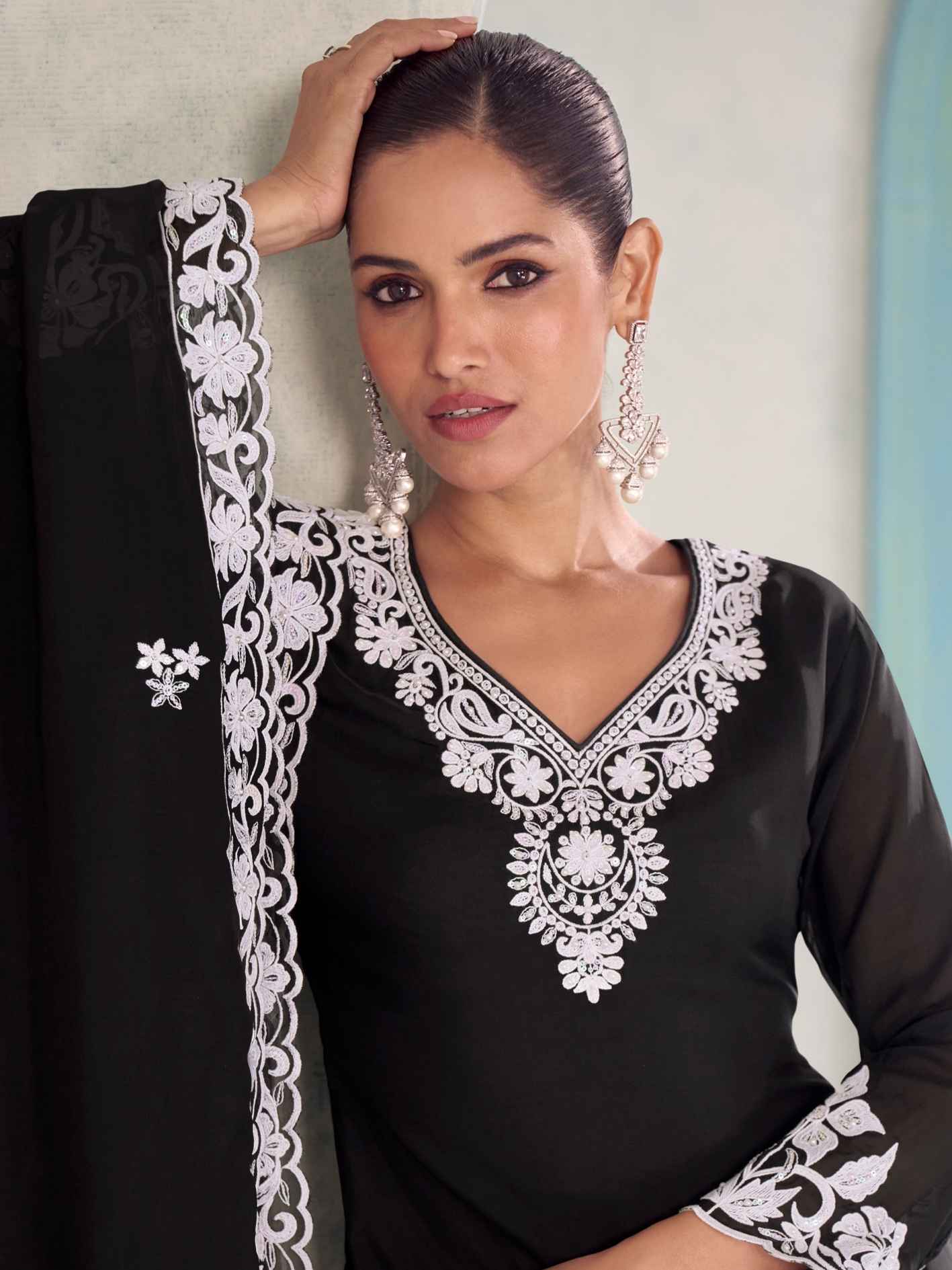 Designer Chinon Embroidered Kurti Palazzo Suit with Dupatta