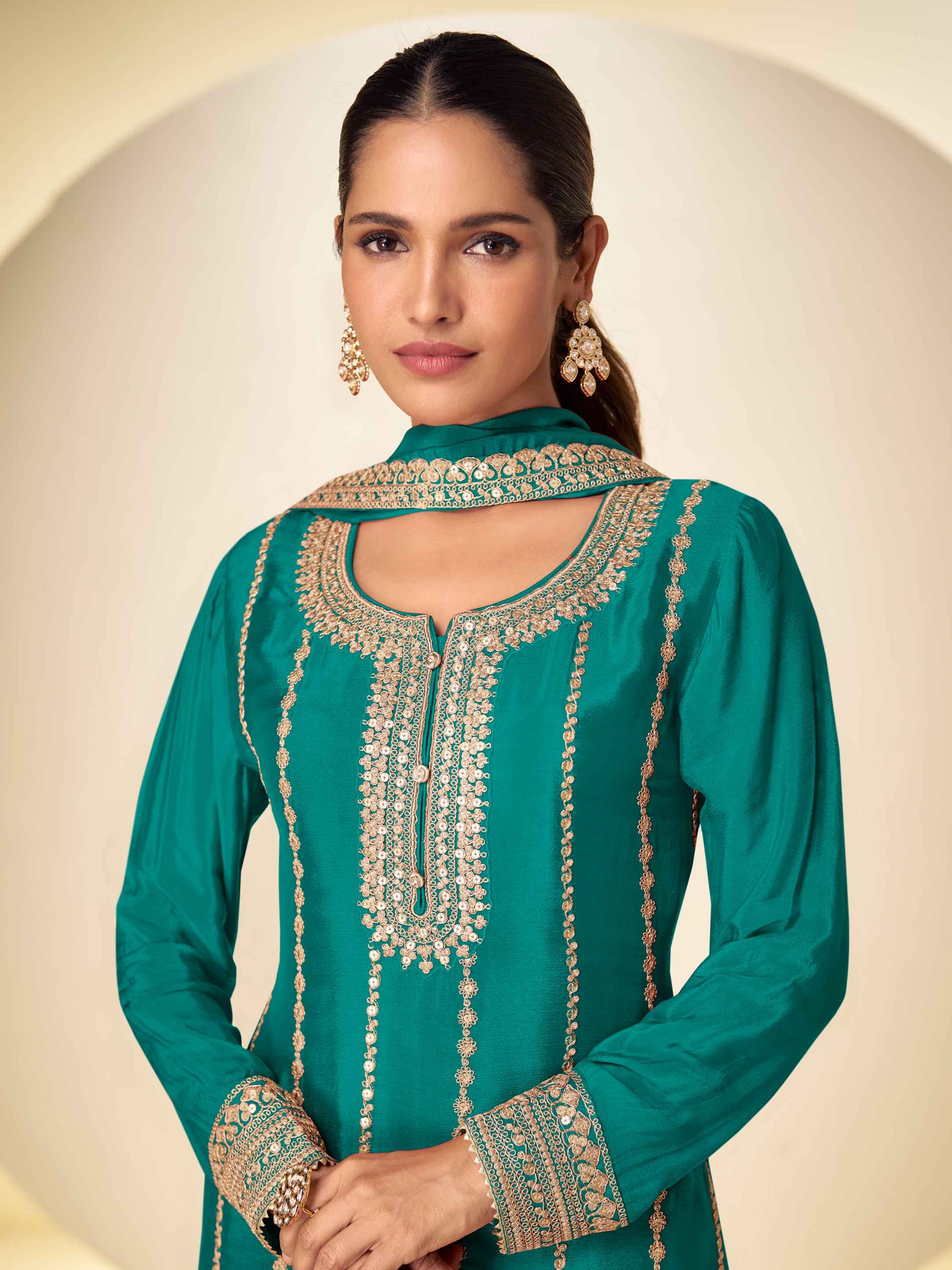 Designer Real Chinon Embroidered Kurti Palazzo Set with Dupatta