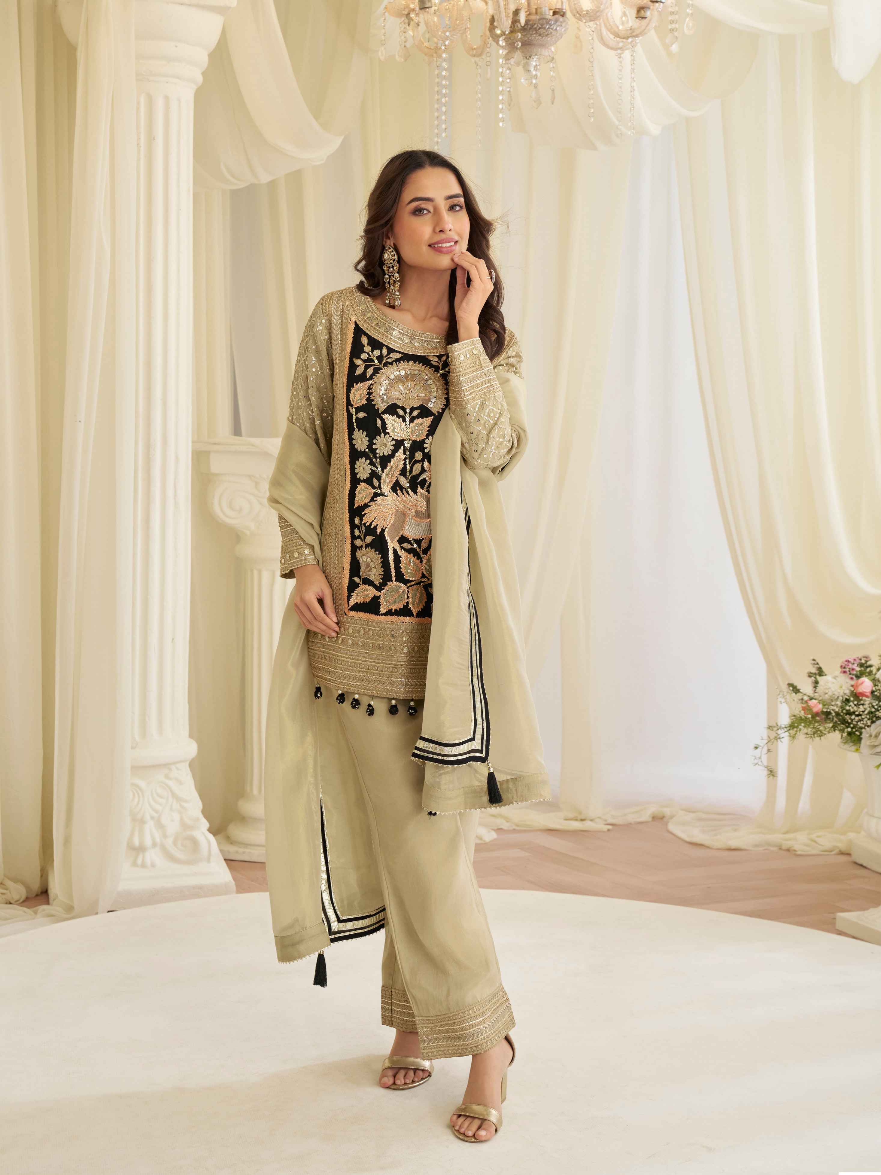 Beige Beads Embroidered Simar Silk Kurti Palazzo Set