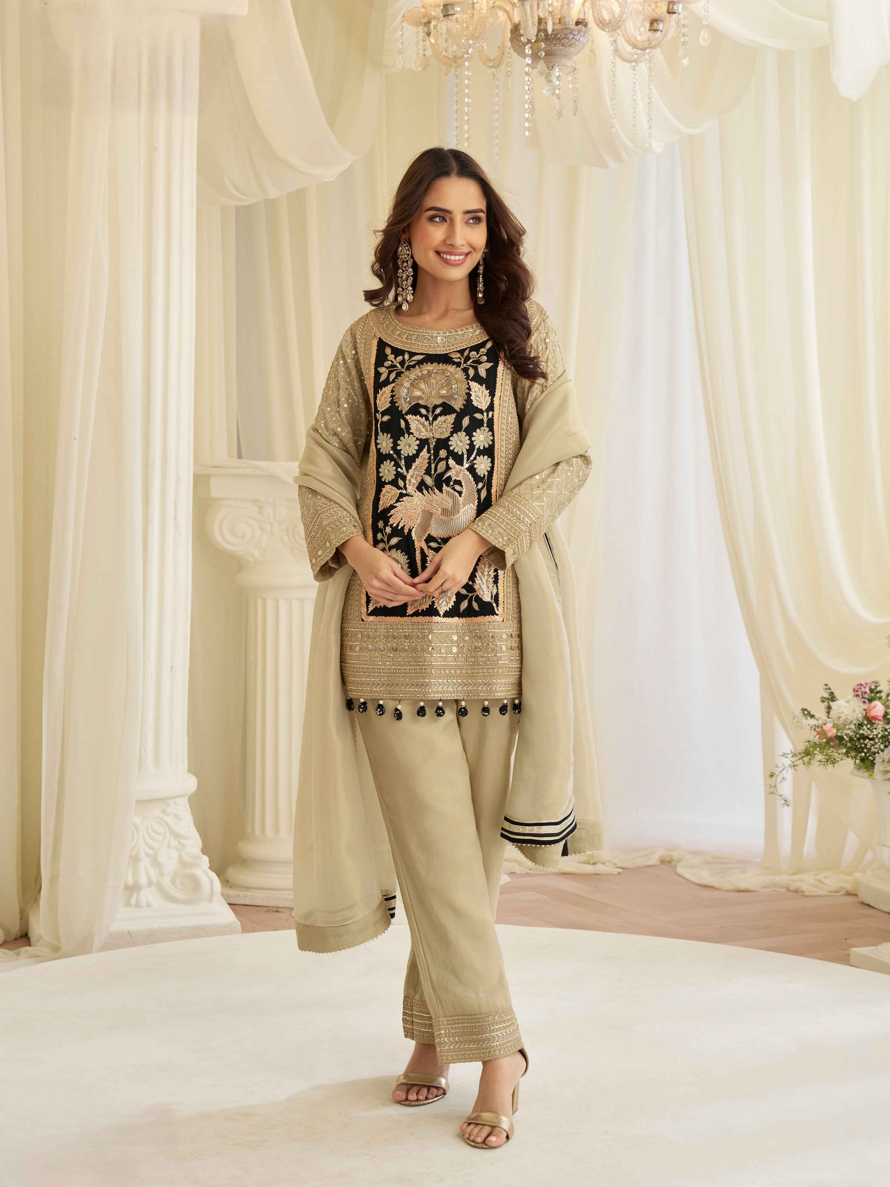Beige Beads Embroidered Simar Silk Kurti Palazzo Set