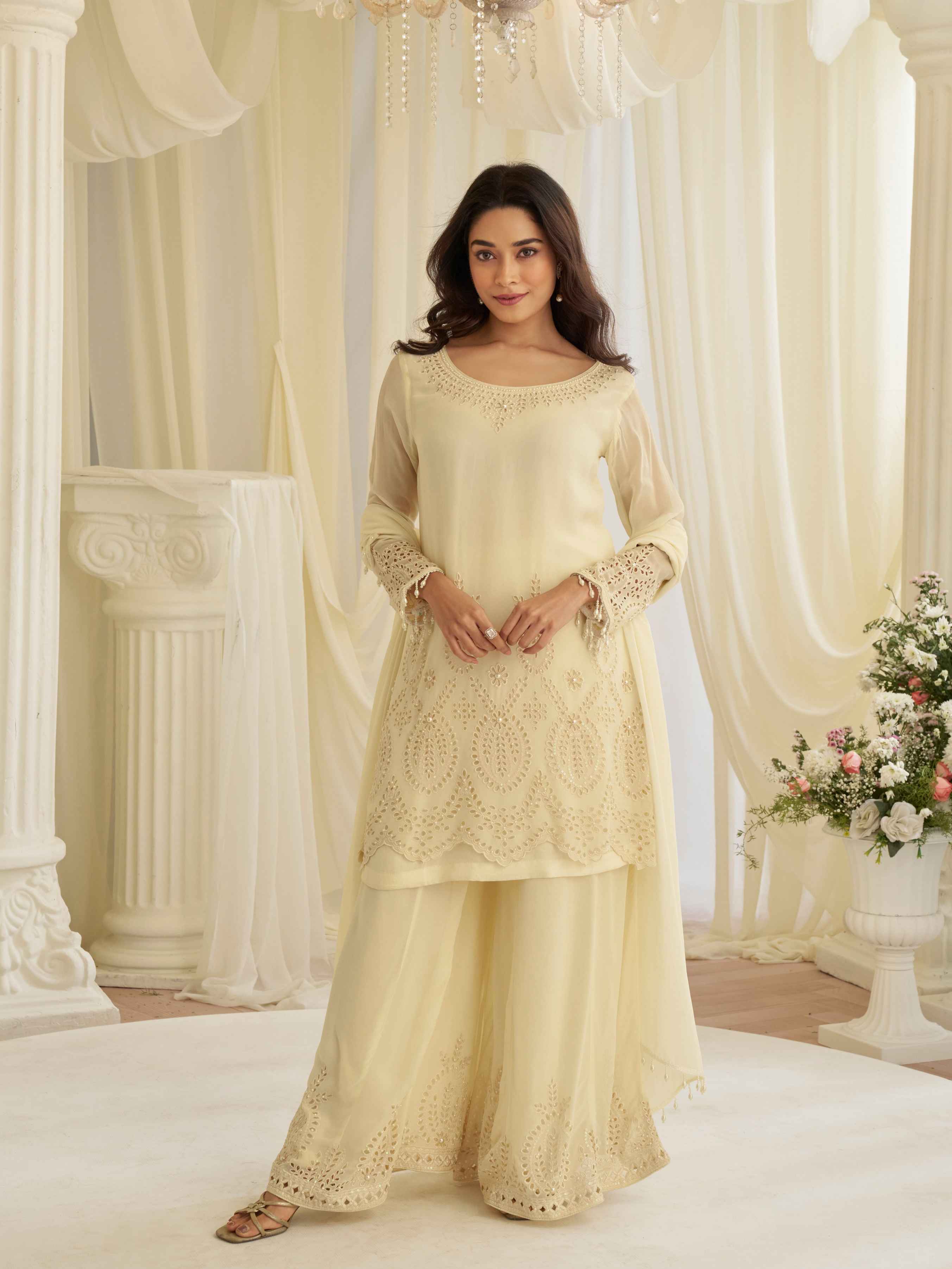 Cream Beads Embroidered Crepe Silk Kurti Palazzo Set with Dupatta