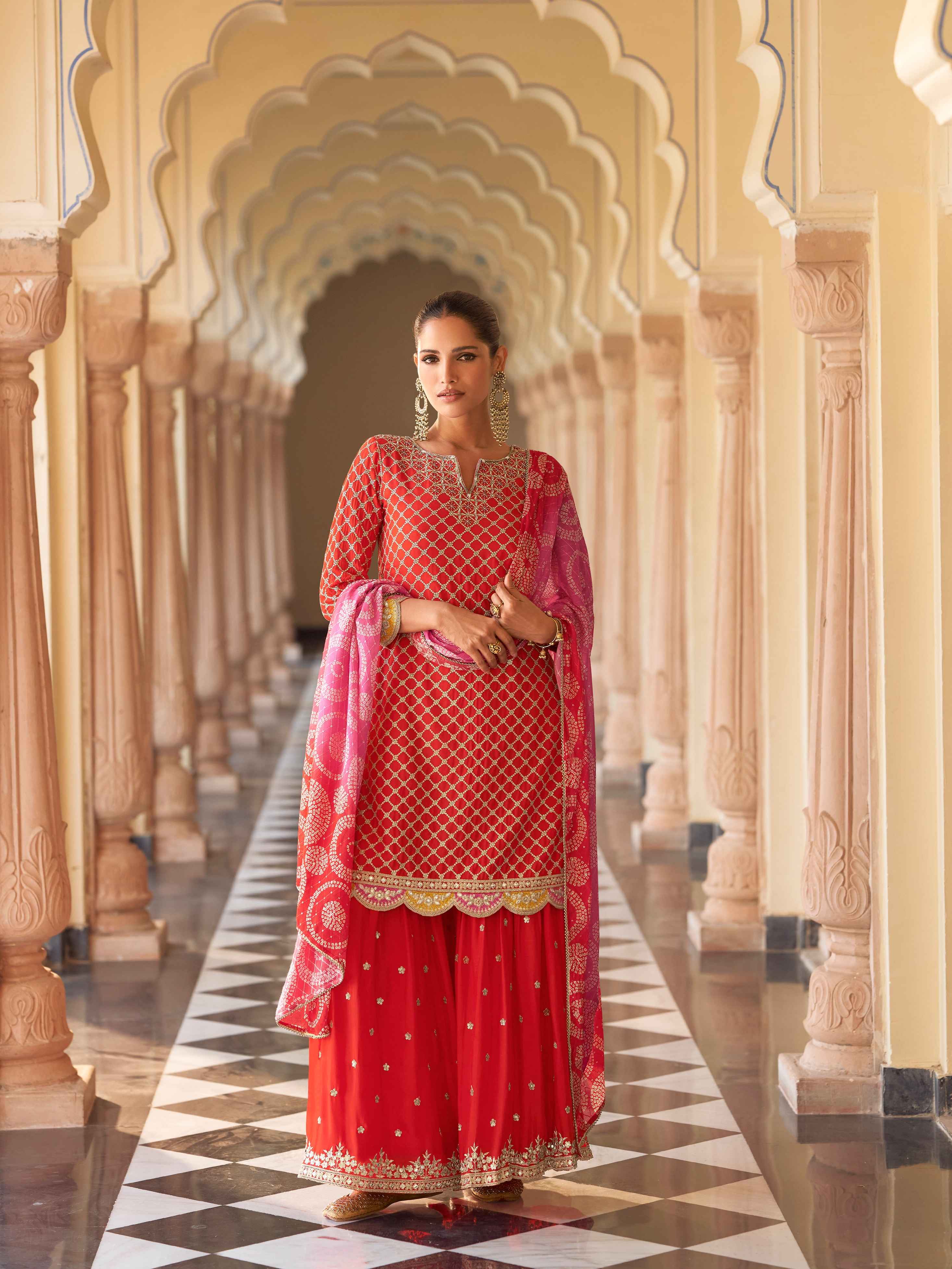 Classic Red Premium Silk Sharara Suit with Heavy Embroidery