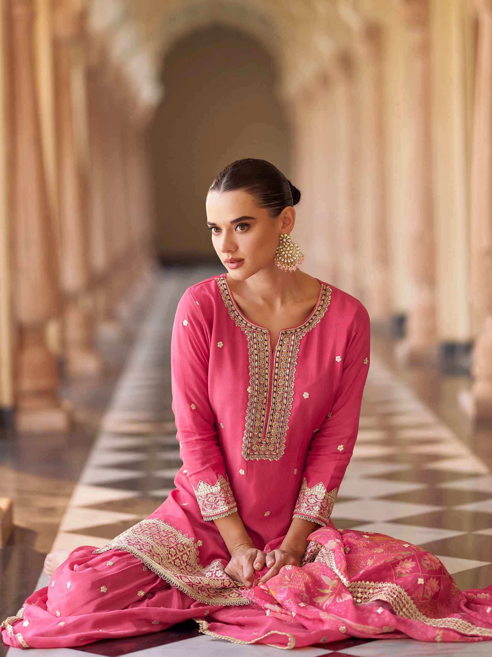 Rani Pink Premium Chinon Silk Sharara Suit with Embroidery