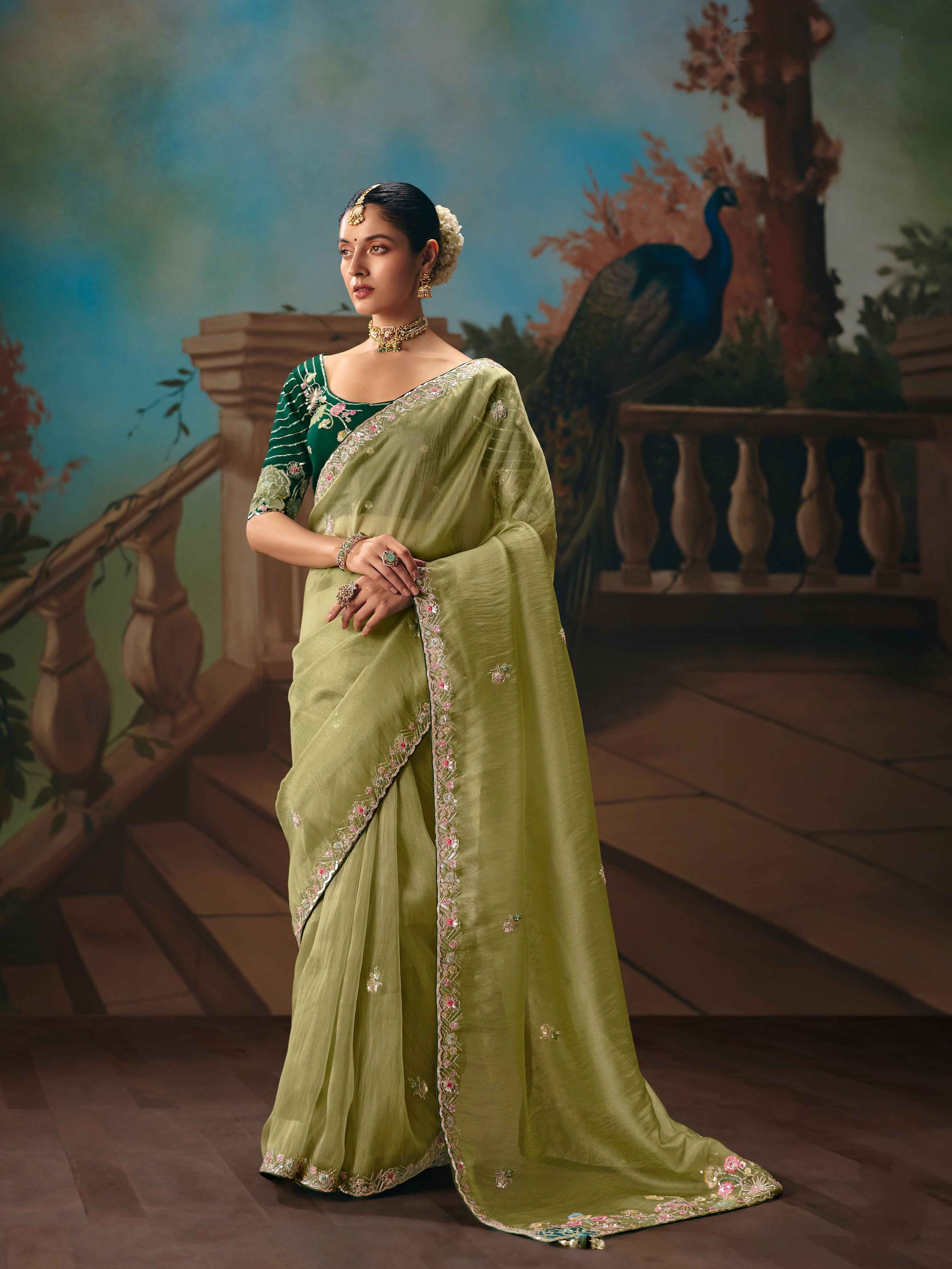 Pista Green Fancy Saree with Sequins Thread Butti & Cutwork Border