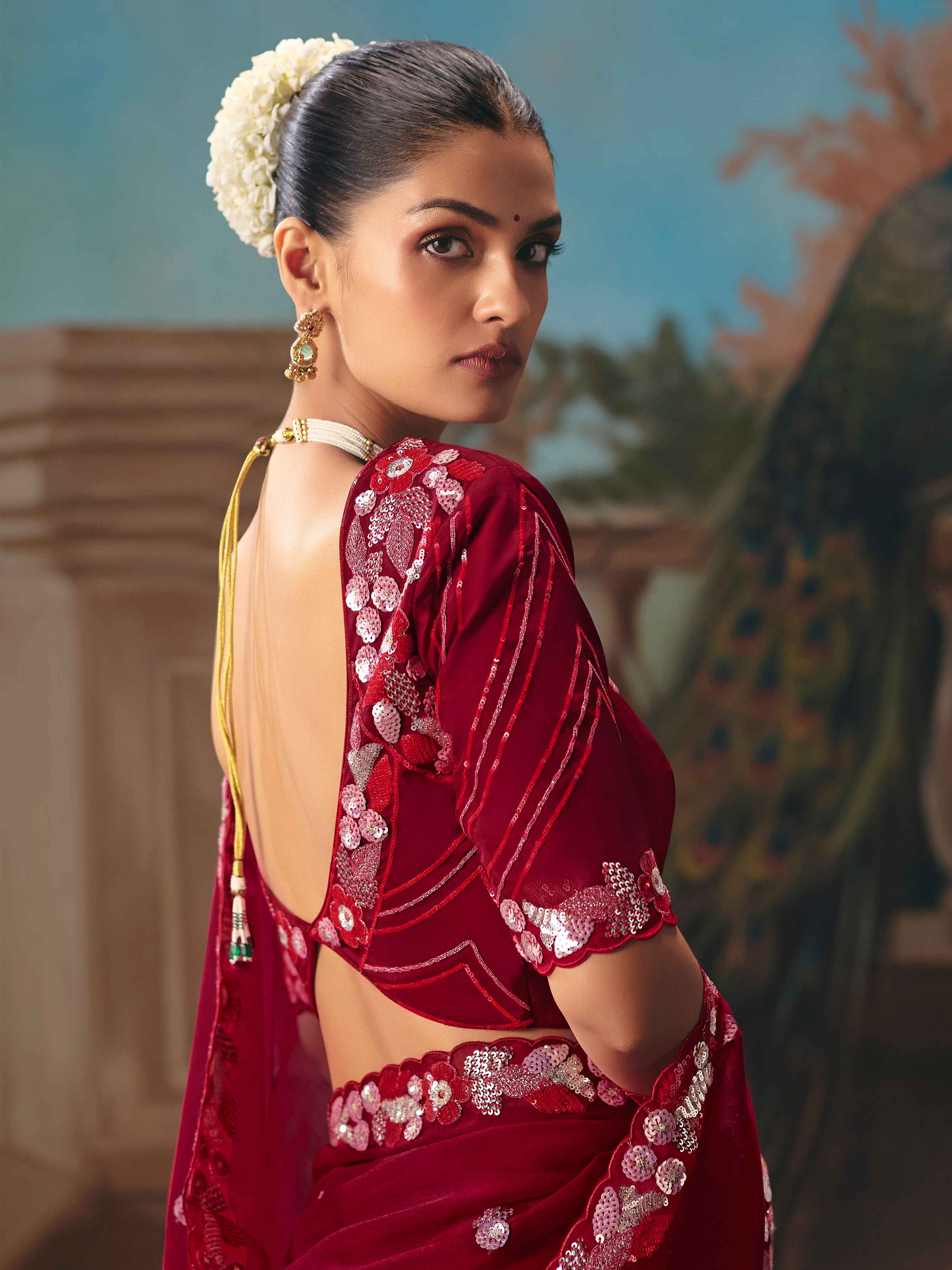 Wine Red Fancy Saree with Sequins & Thread Embroidery