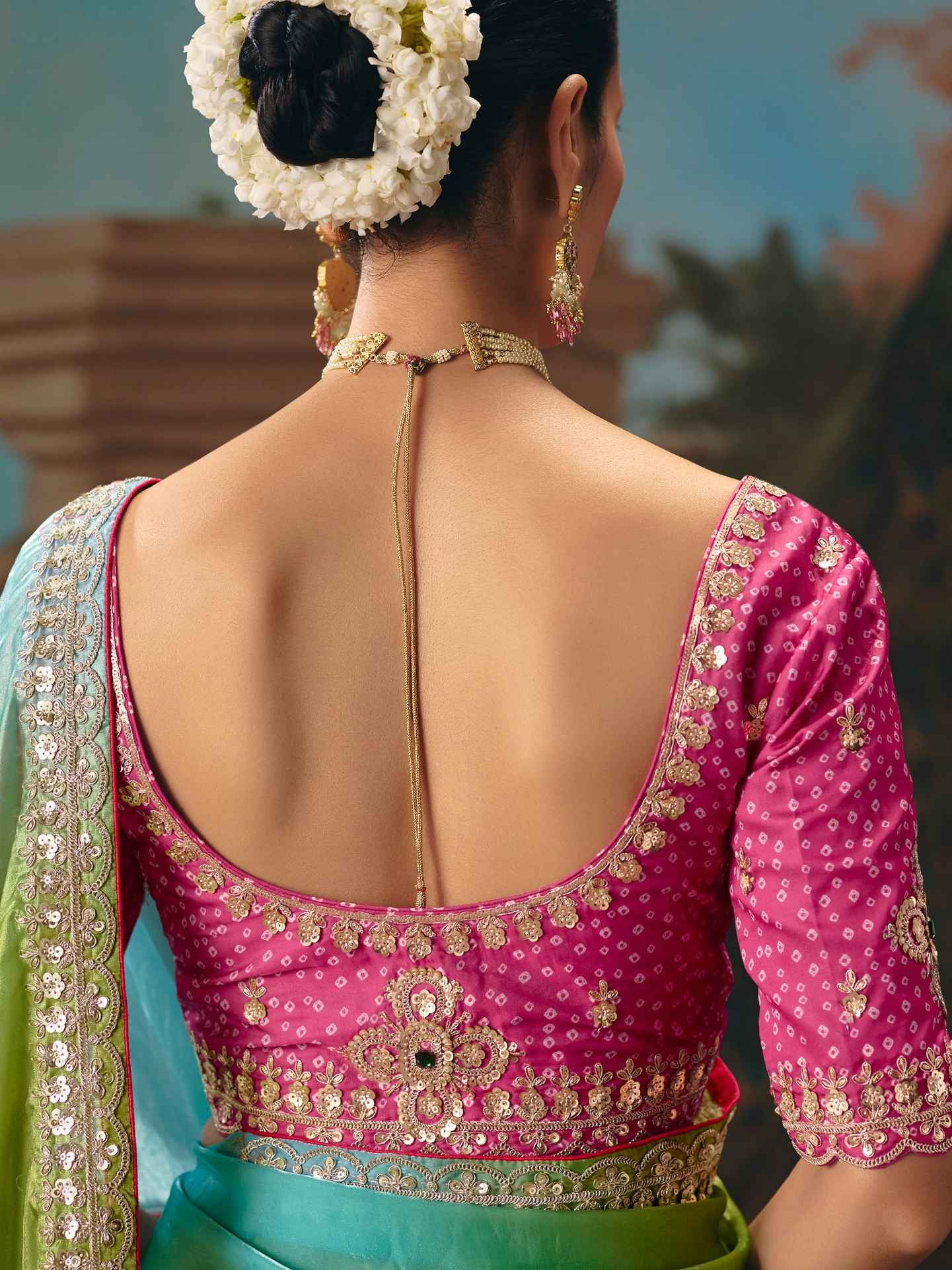 Multicolor Pink Green Fancy Saree with Cutwork Border