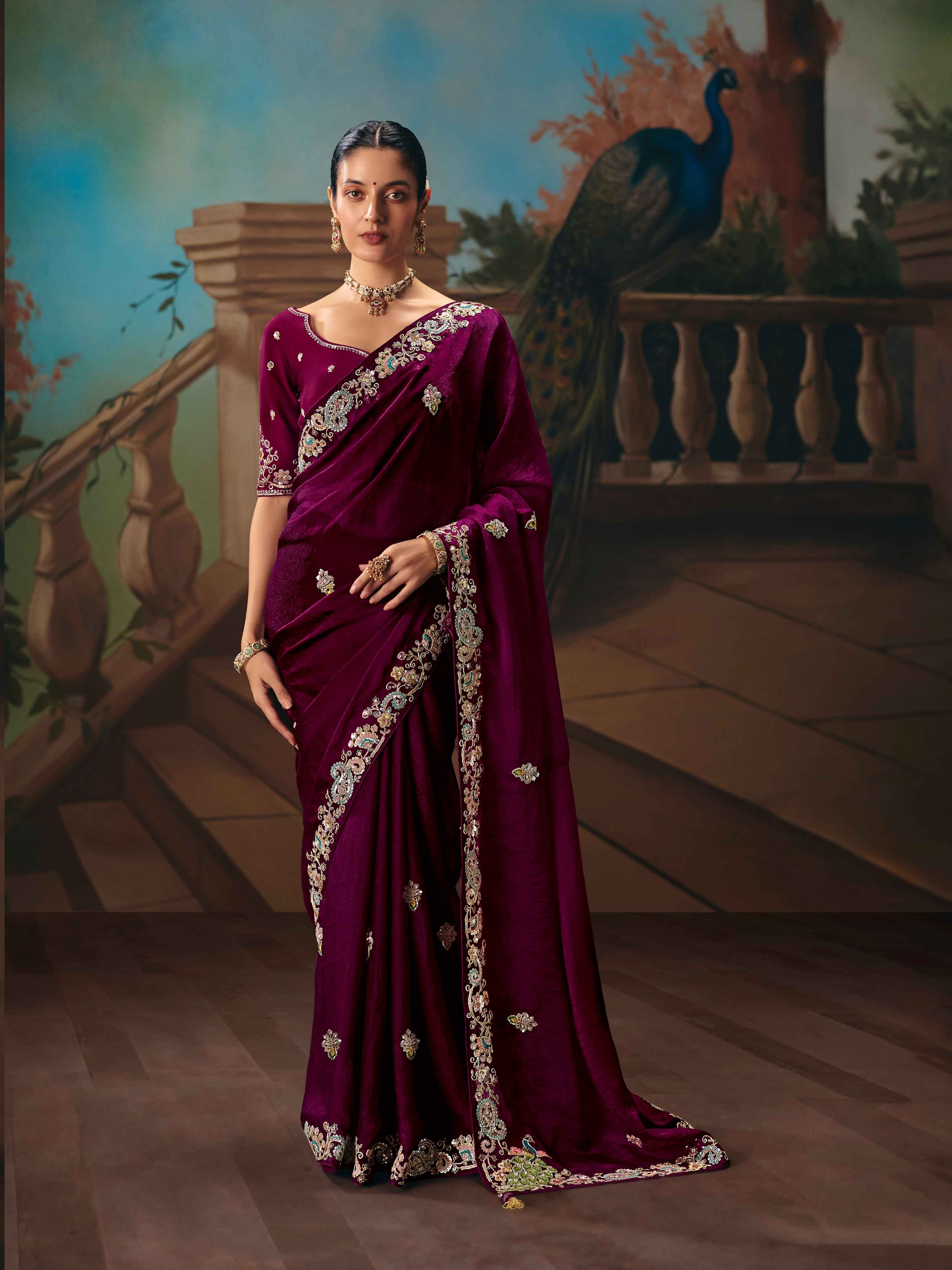 Maroon Fancy Saree with Sequins Thread Butti