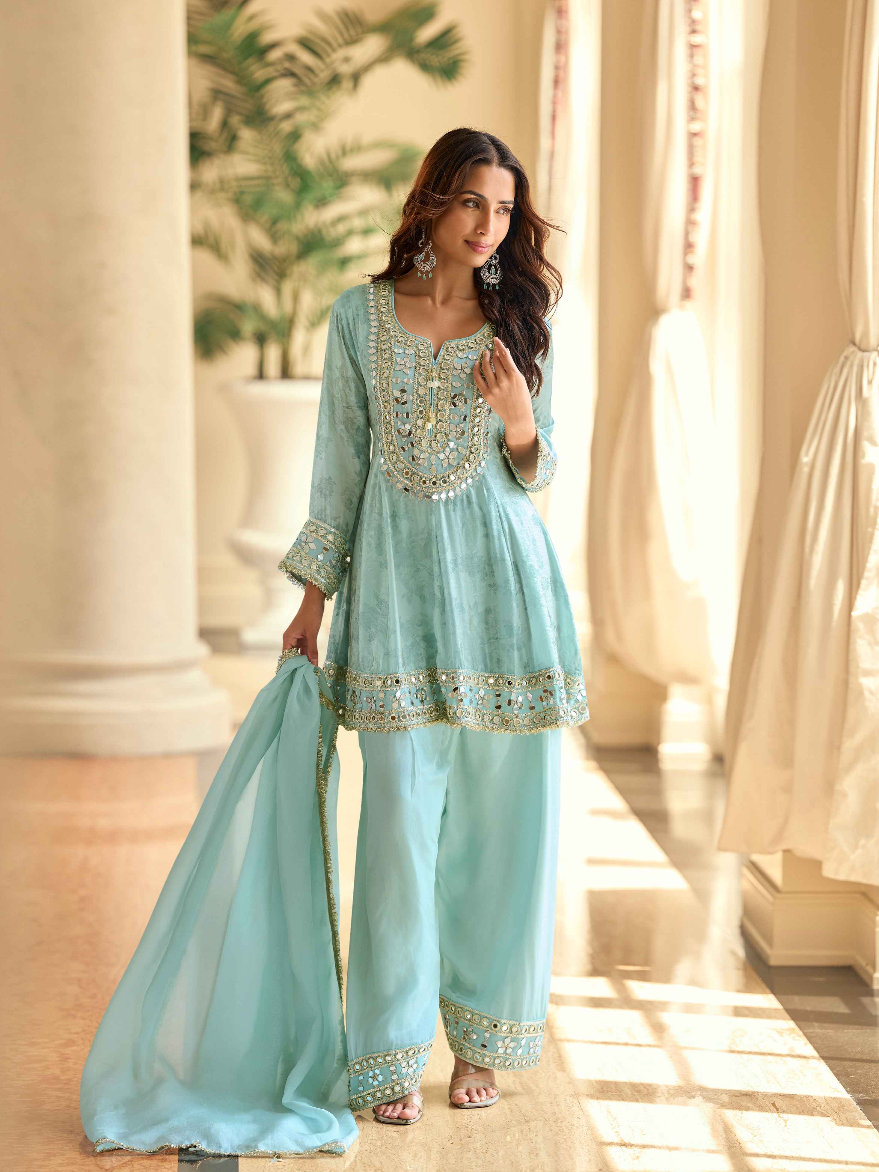 Aqua Blue Tora Silk Mirror Work Kurti Plazzo Suit with Dupatta