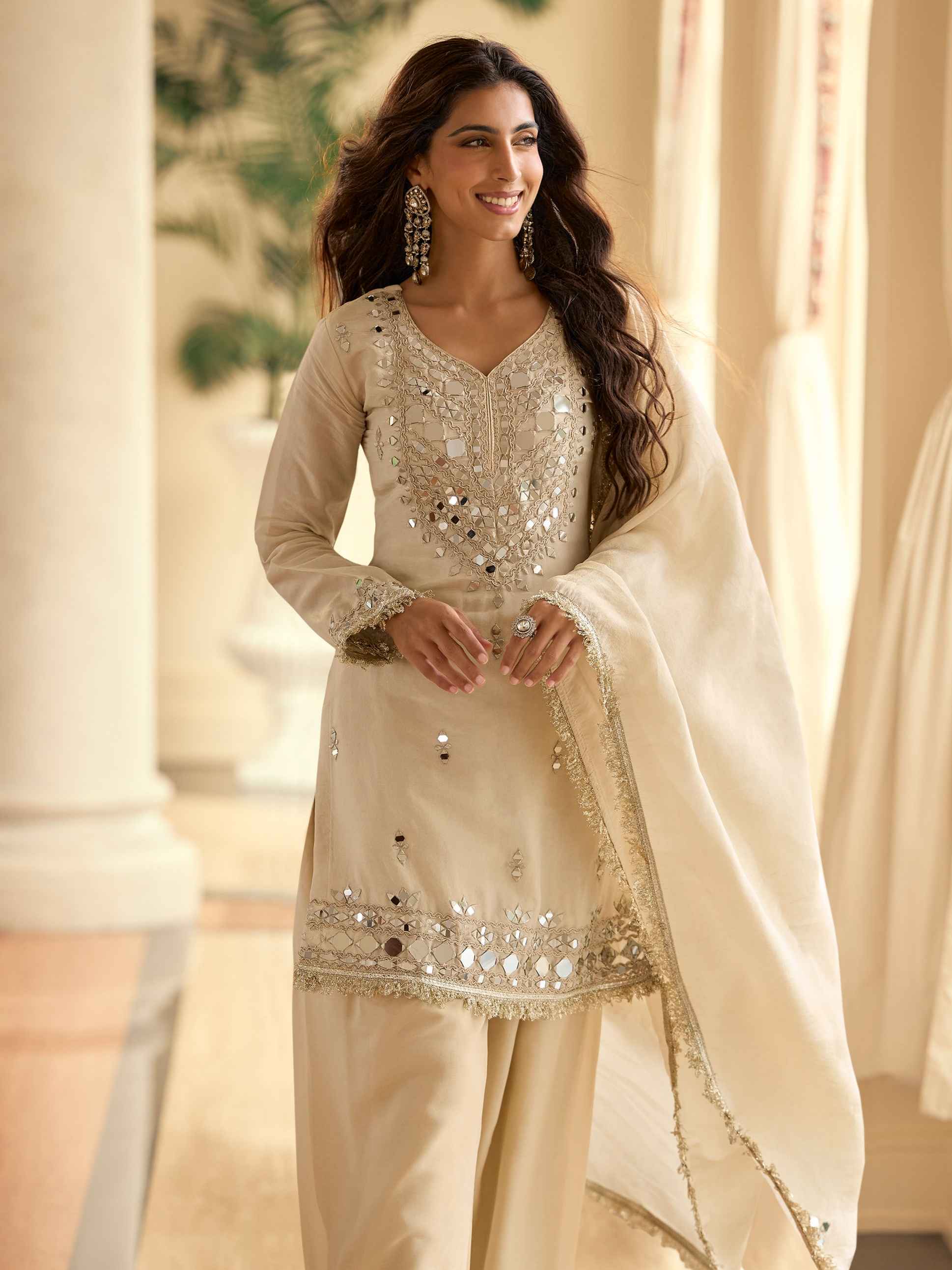 Beige Crepe Silk Mirror Embroidered Kurti Palazzo Set with Dupatta