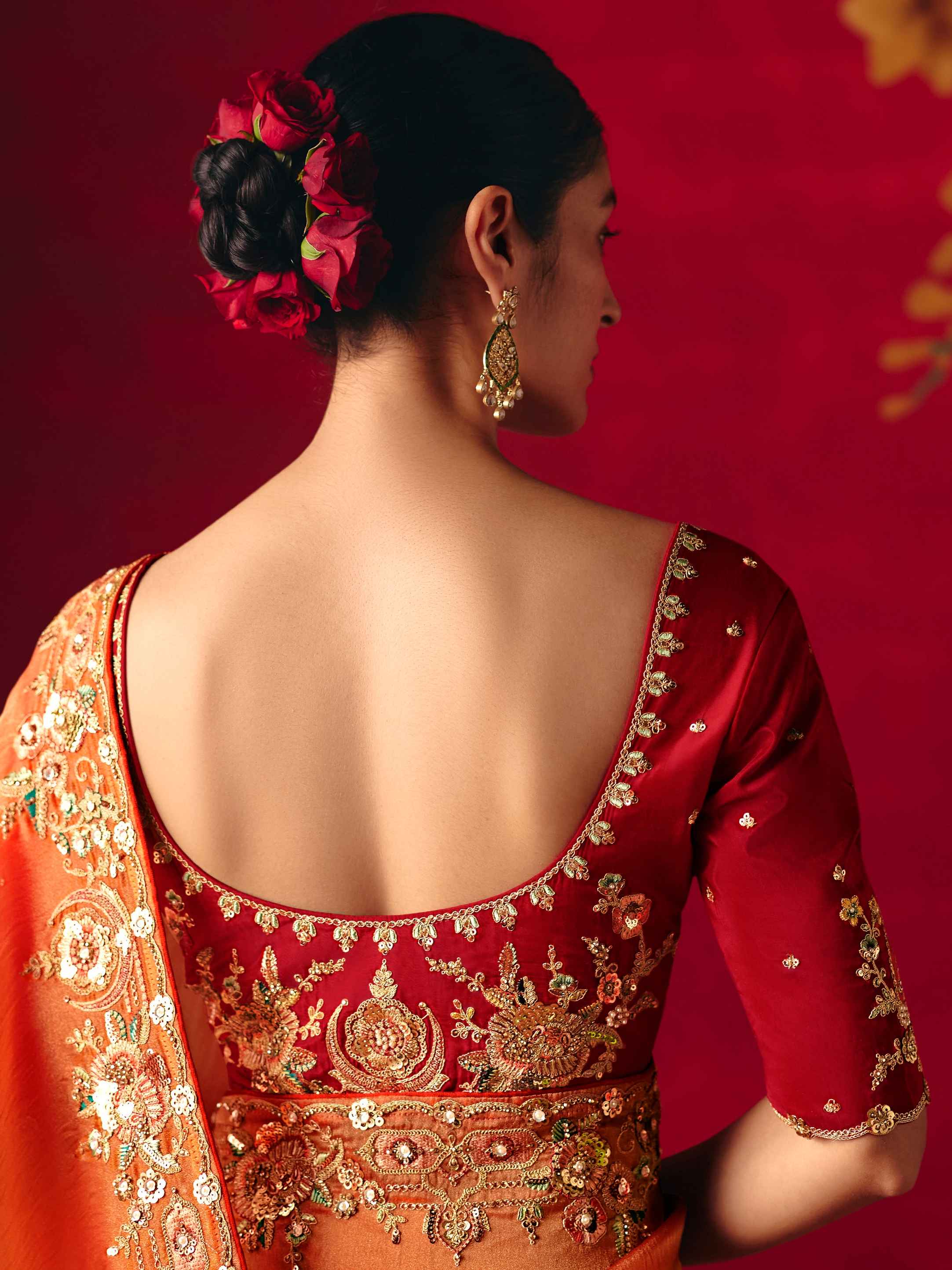 Orange Fancy Saree with Sequins Butti & Rich Border Embroidery