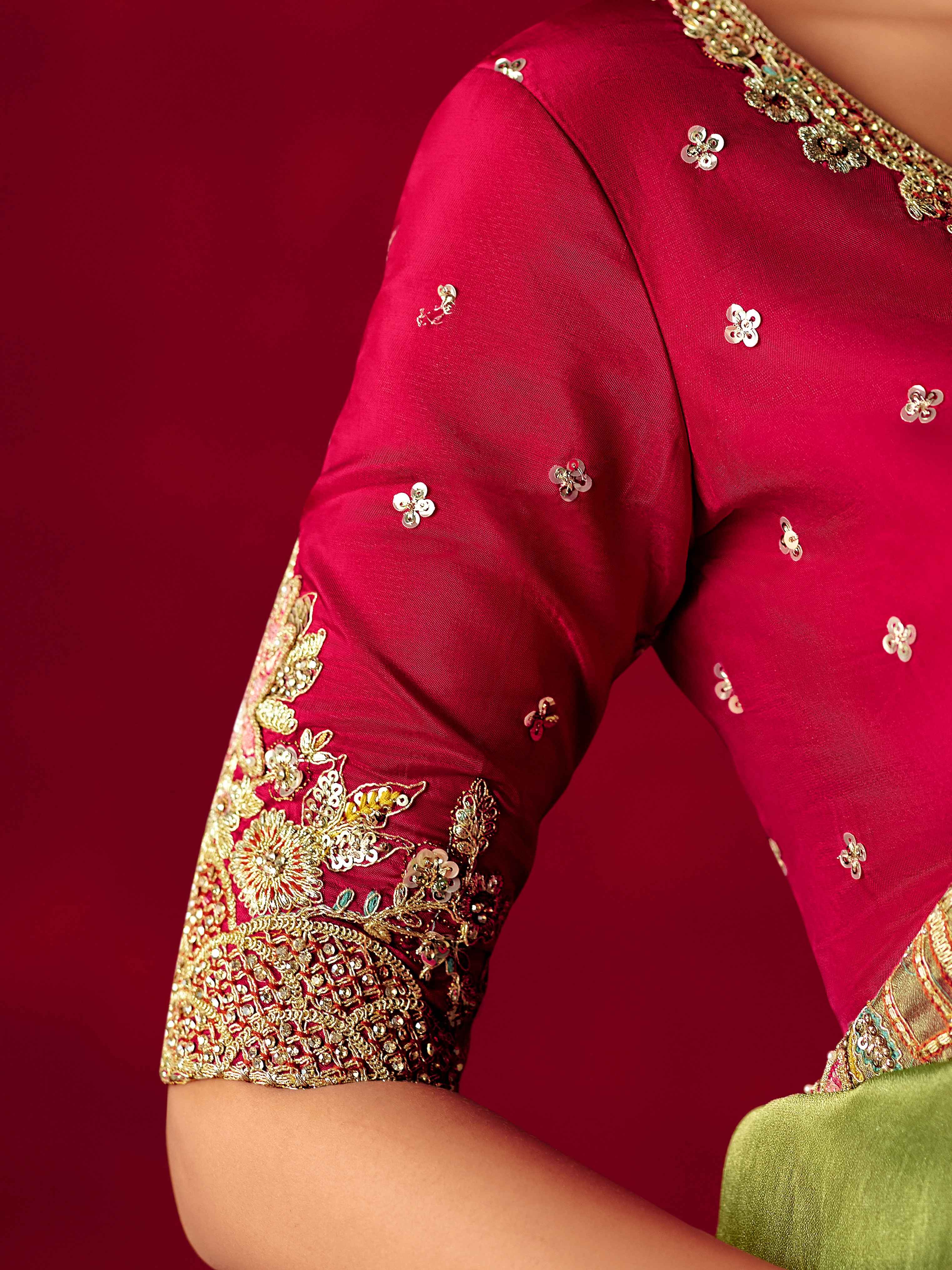 Olive Green Fancy Saree with Butti Embroidery & Sequins Border