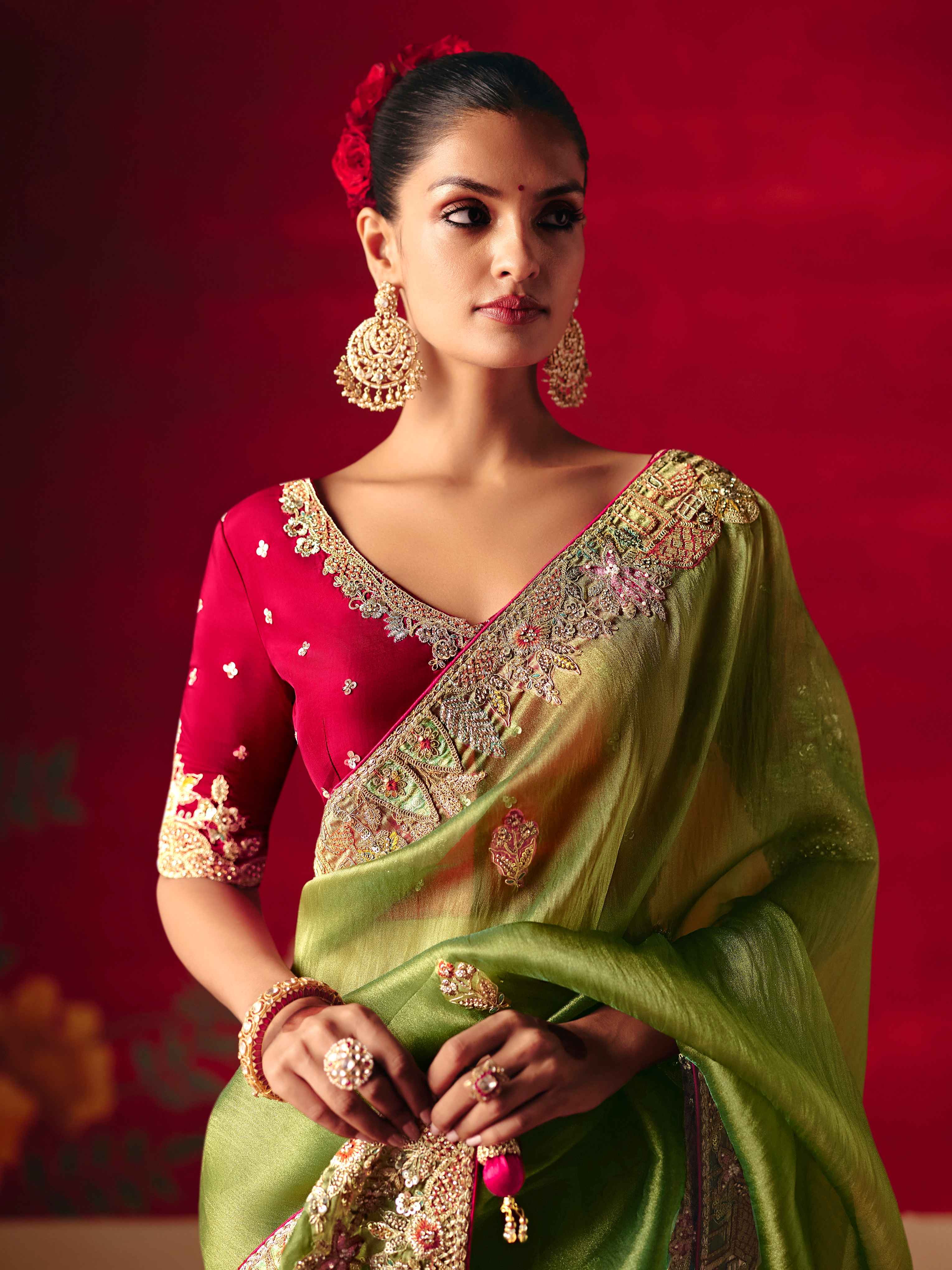 Olive Green Fancy Saree with Butti Embroidery & Sequins Border