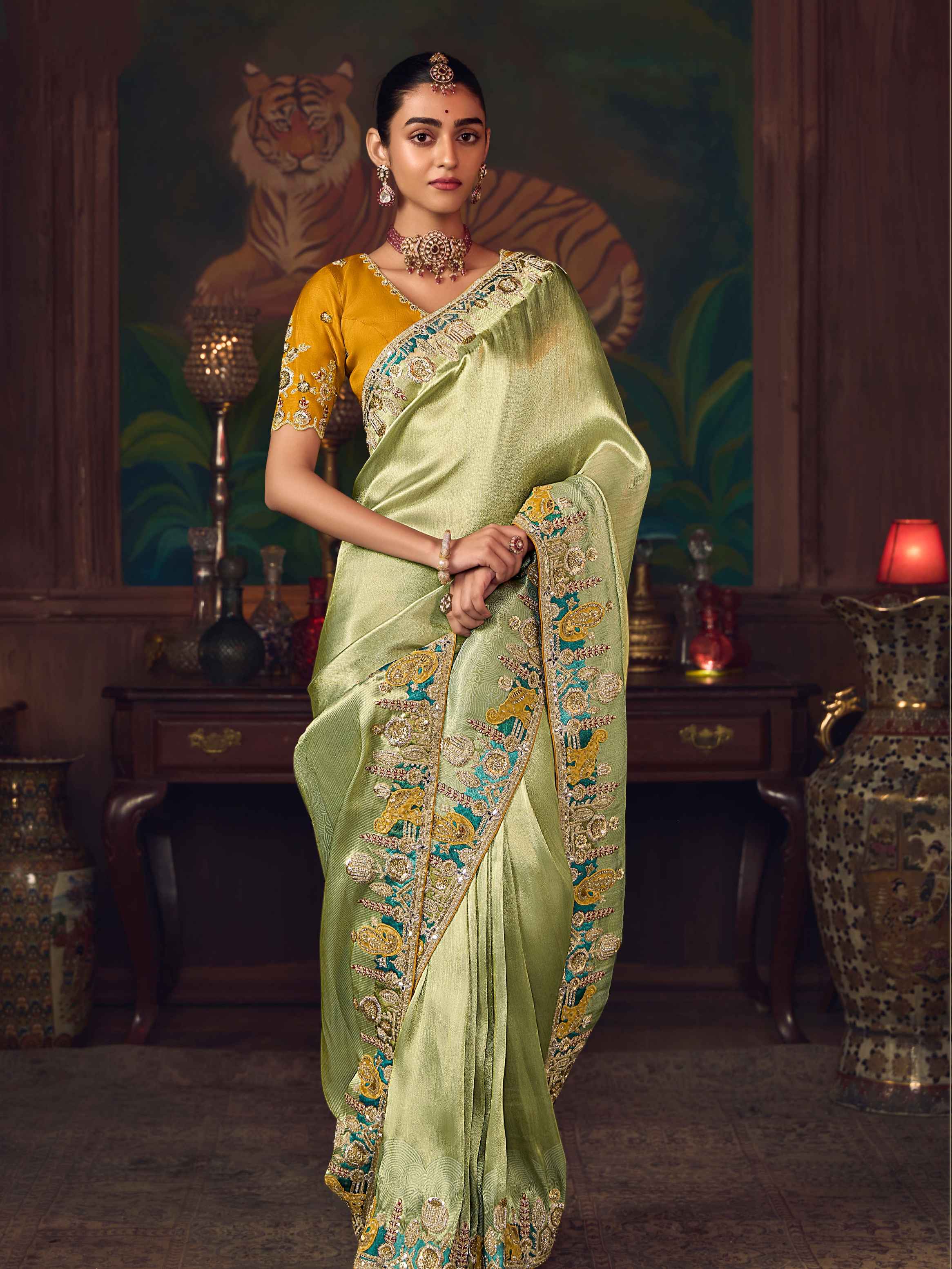 Pista Green Silk Saree with Luxury Heavy Embroidery