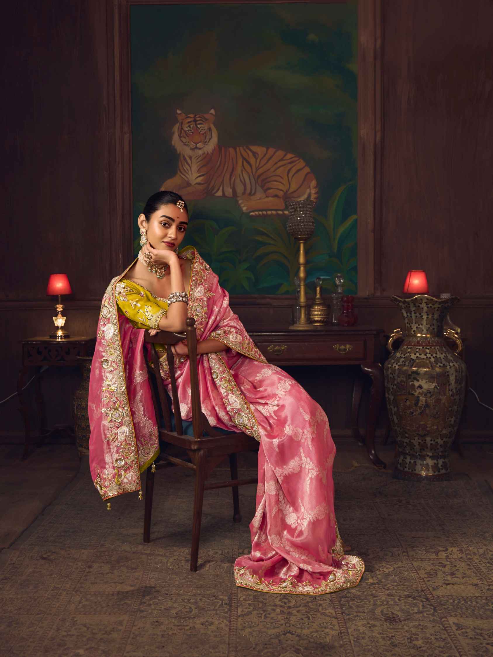 Coral Pink Silk Saree with Premium Heavy Embroidery