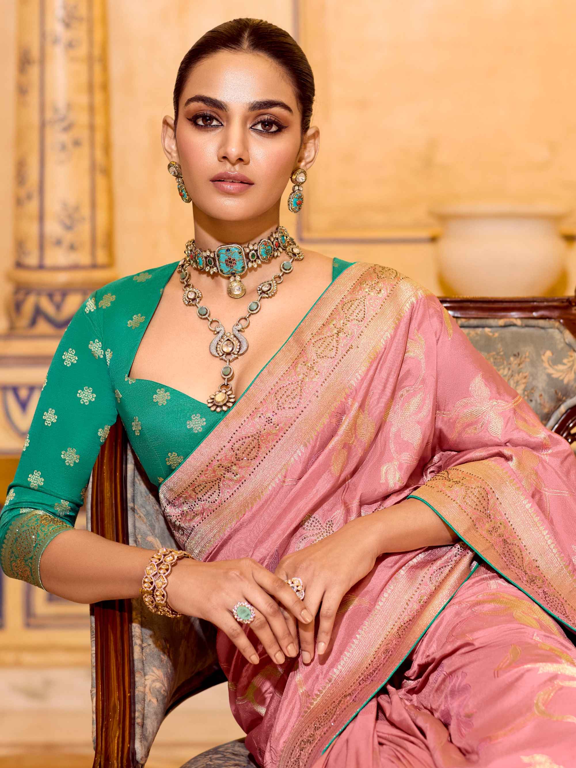 Peach Pink Crepe Silk Zari Woven Wedding Saree with Blouse