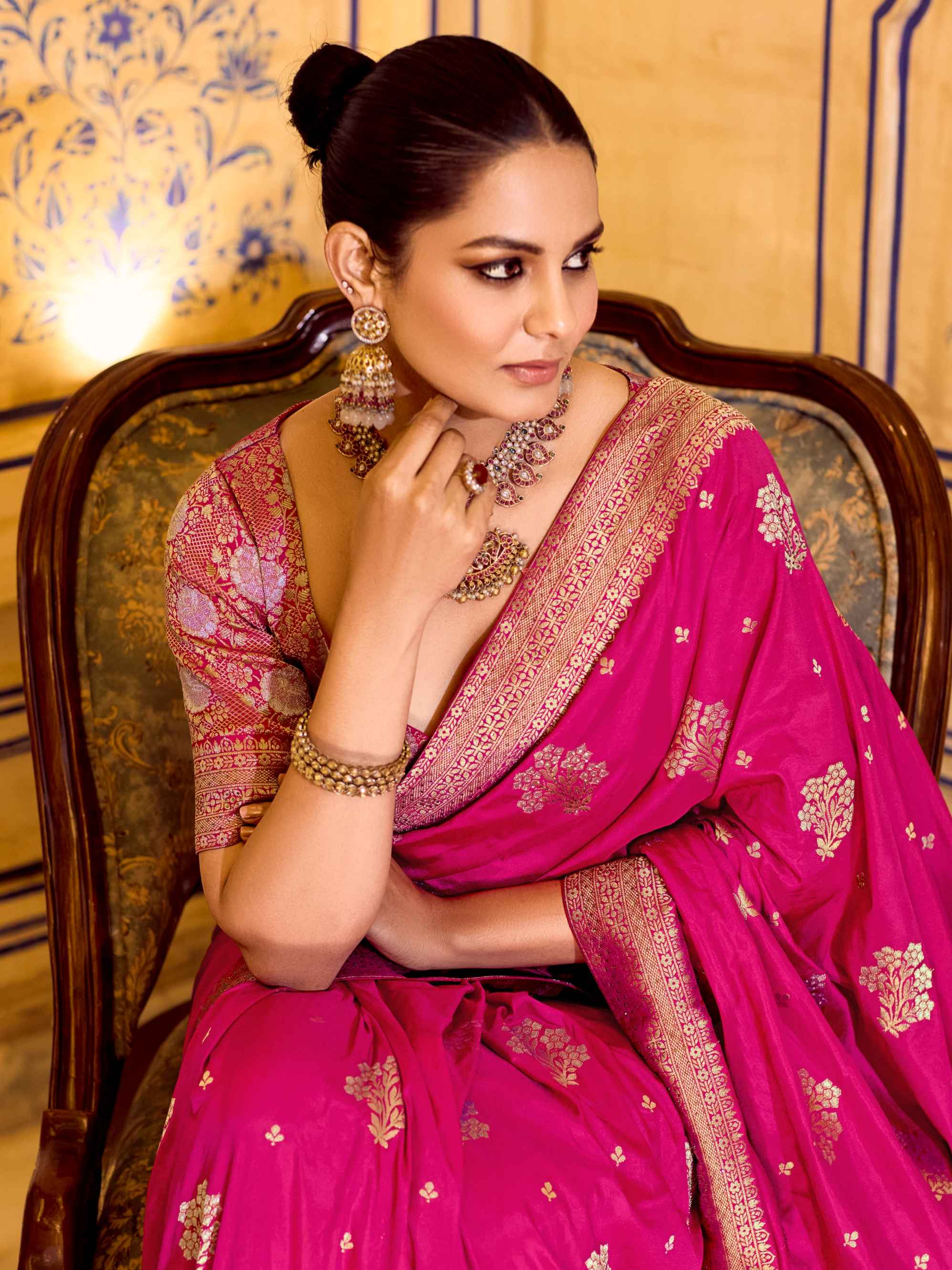 Rani Pink Crepe Silk Zari Weaving Festive Saree with Blouse