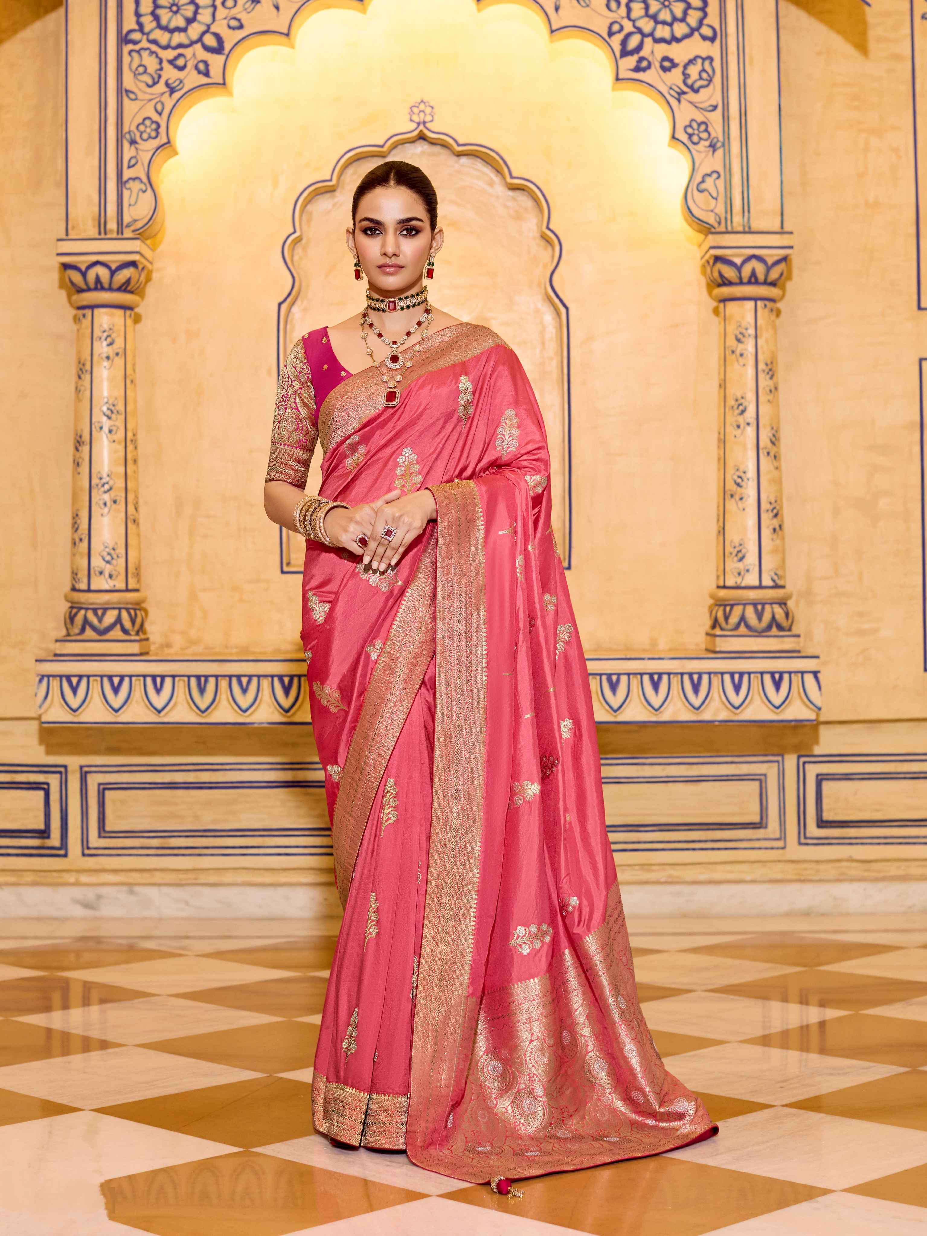 Coral Pink Crepe Silk Zari Weaving Designer Saree with Blouse