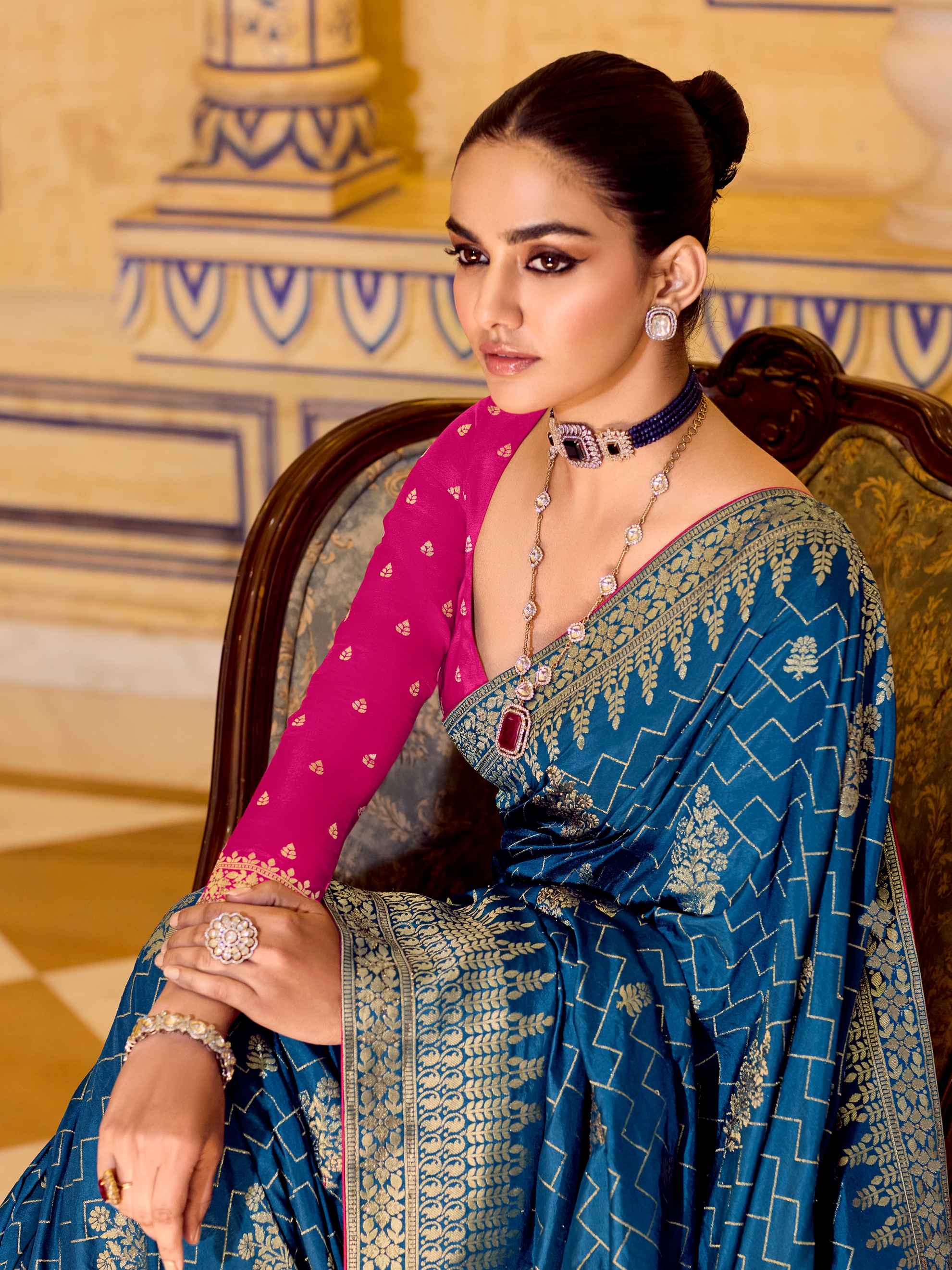 Teal Blue Crepe Silk Traditional Zari Saree with Matching Blouse