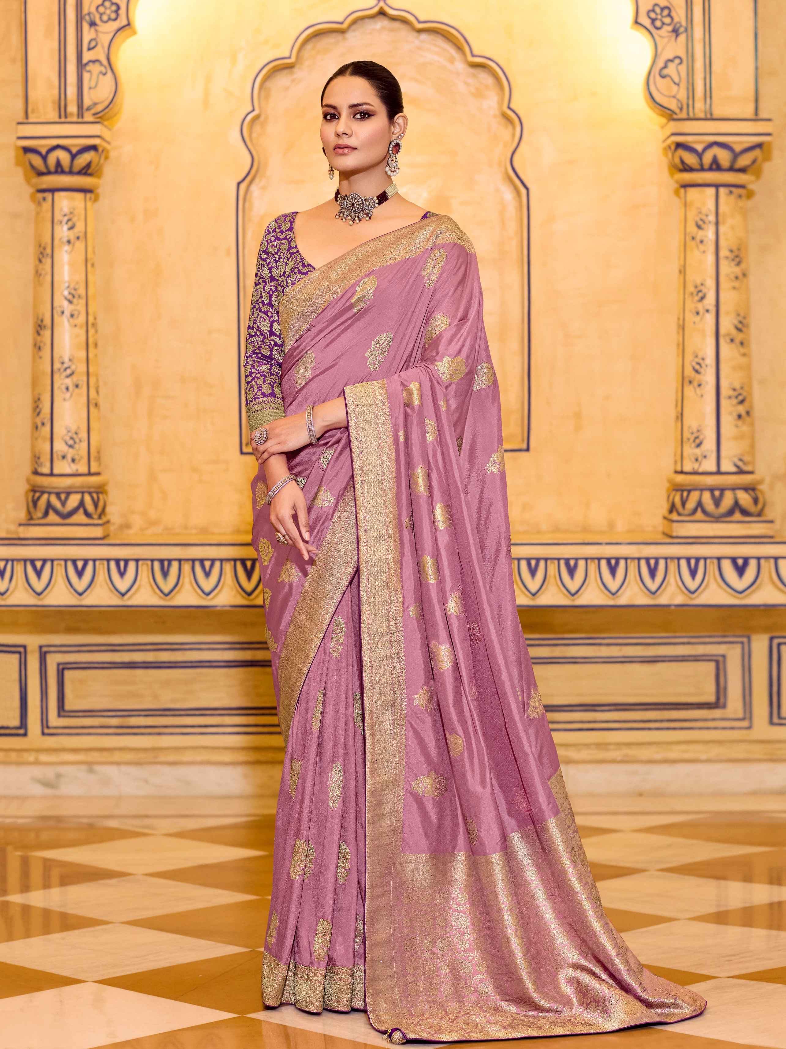 Lavender Crepe Silk Zari Woven Party Wear Saree with Blouse