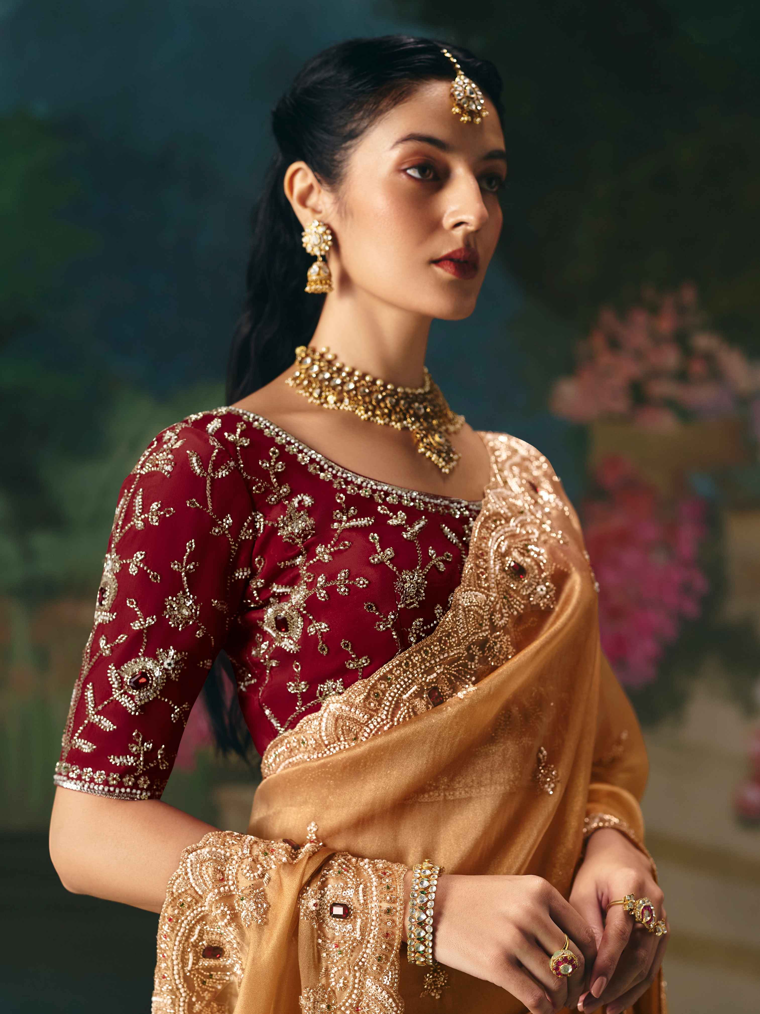 Golden Beige Premium Fancy Saree with Sequin Stone Embroidery