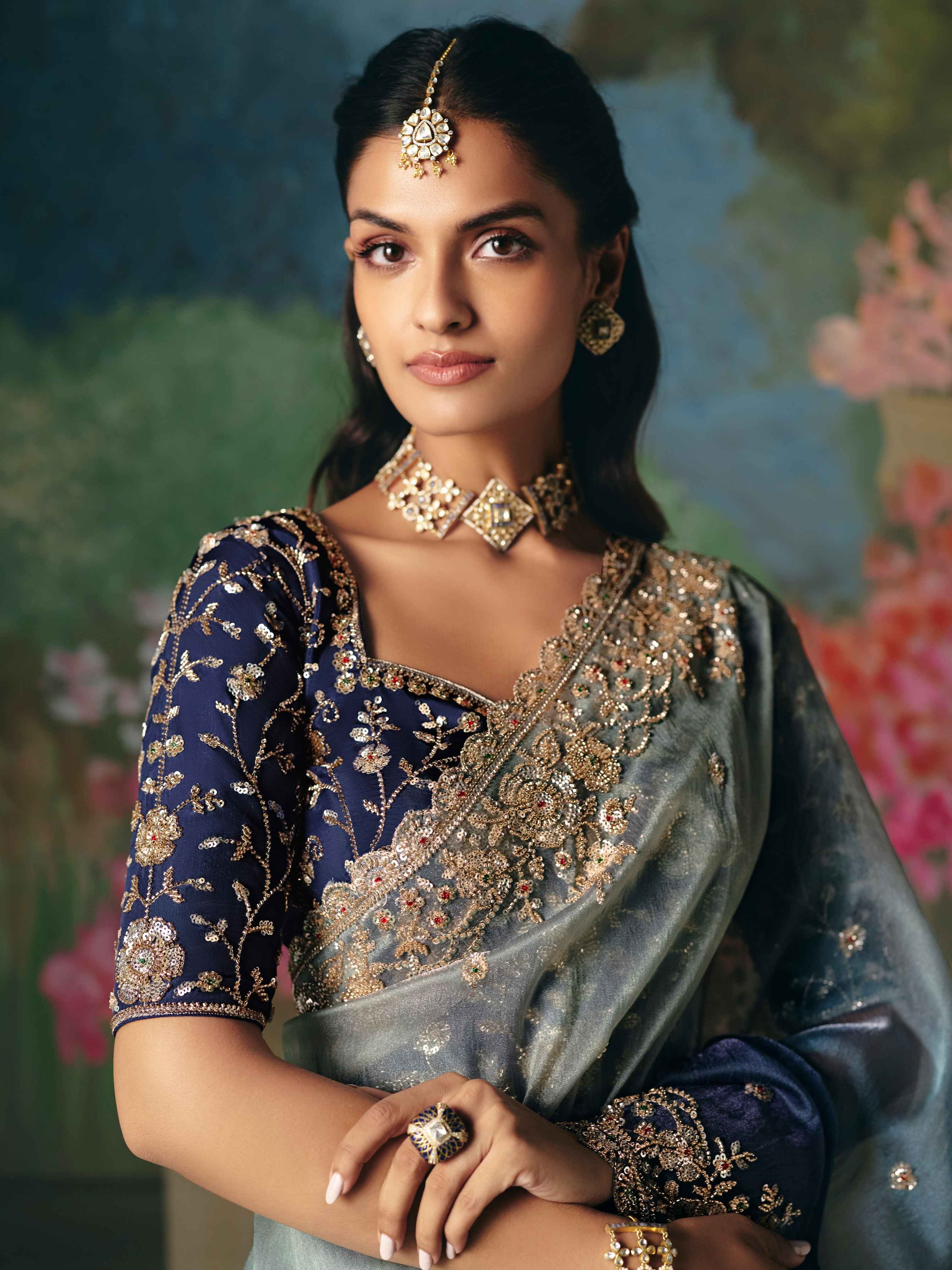 Grey Blue Premium Fancy Saree with Heavy Border Work