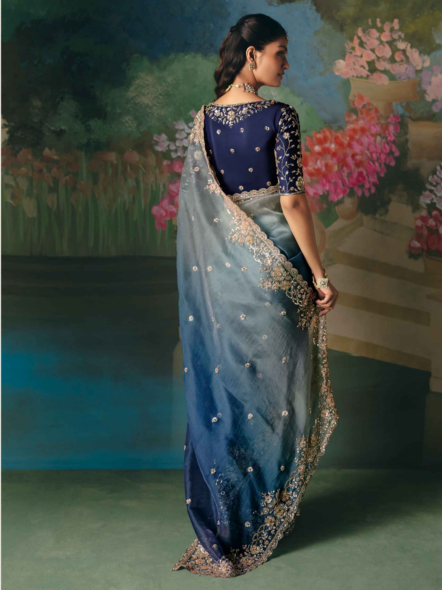 Grey Blue Premium Fancy Saree with Heavy Border Work